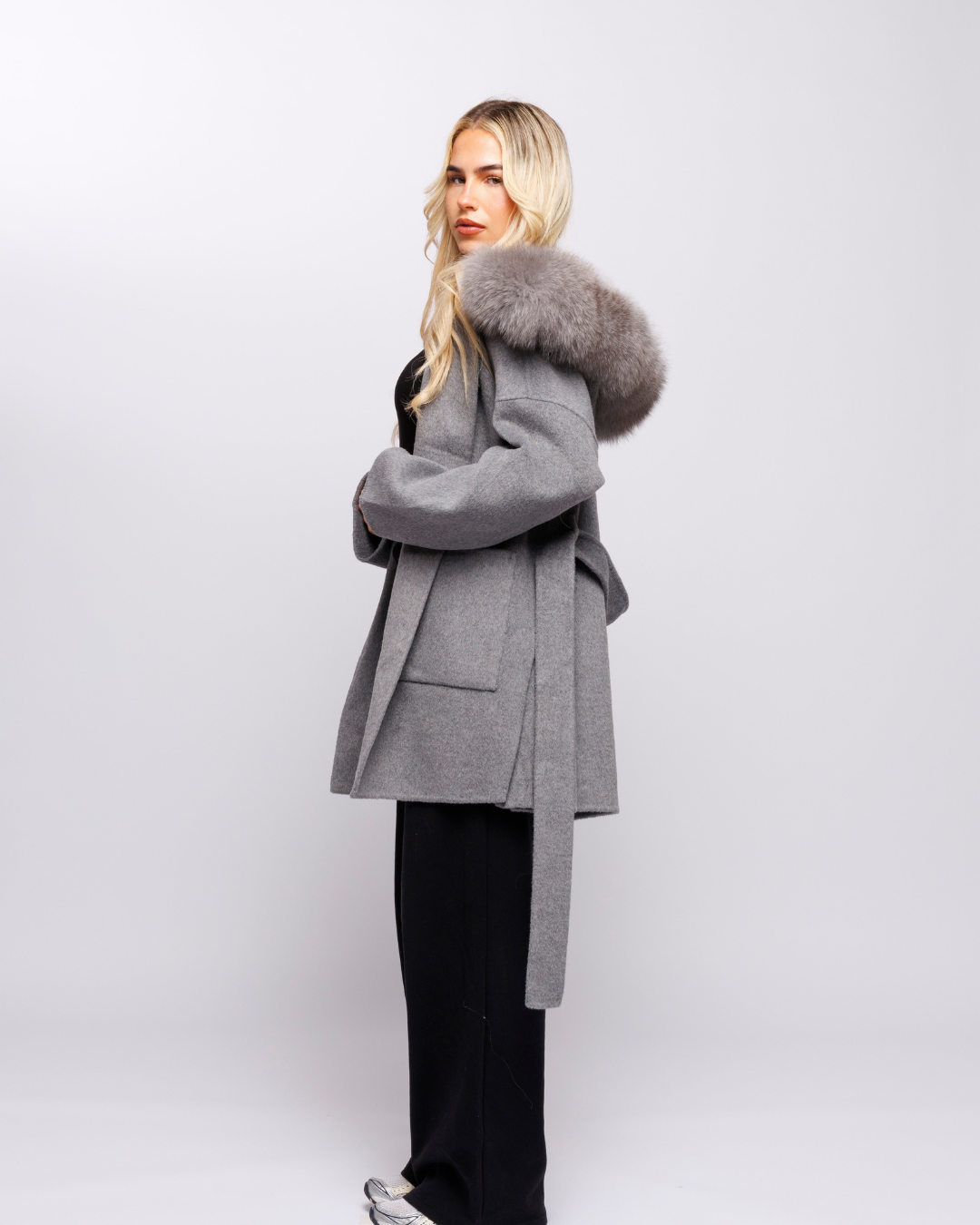 Velvet Hooded Coat - Gray