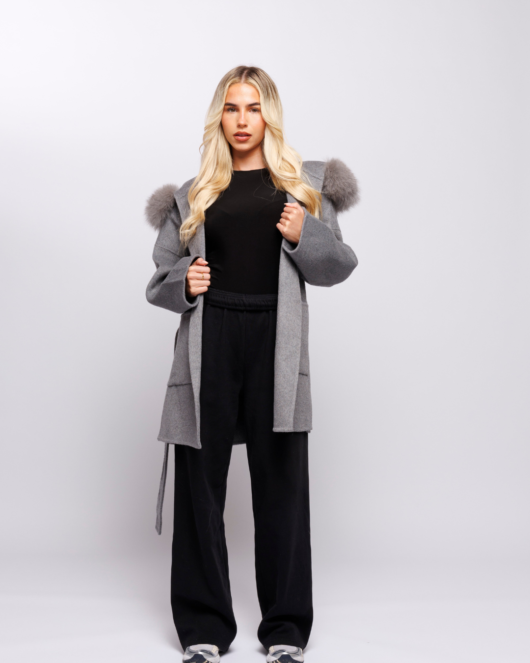 Velvet Hooded Coat - Gray