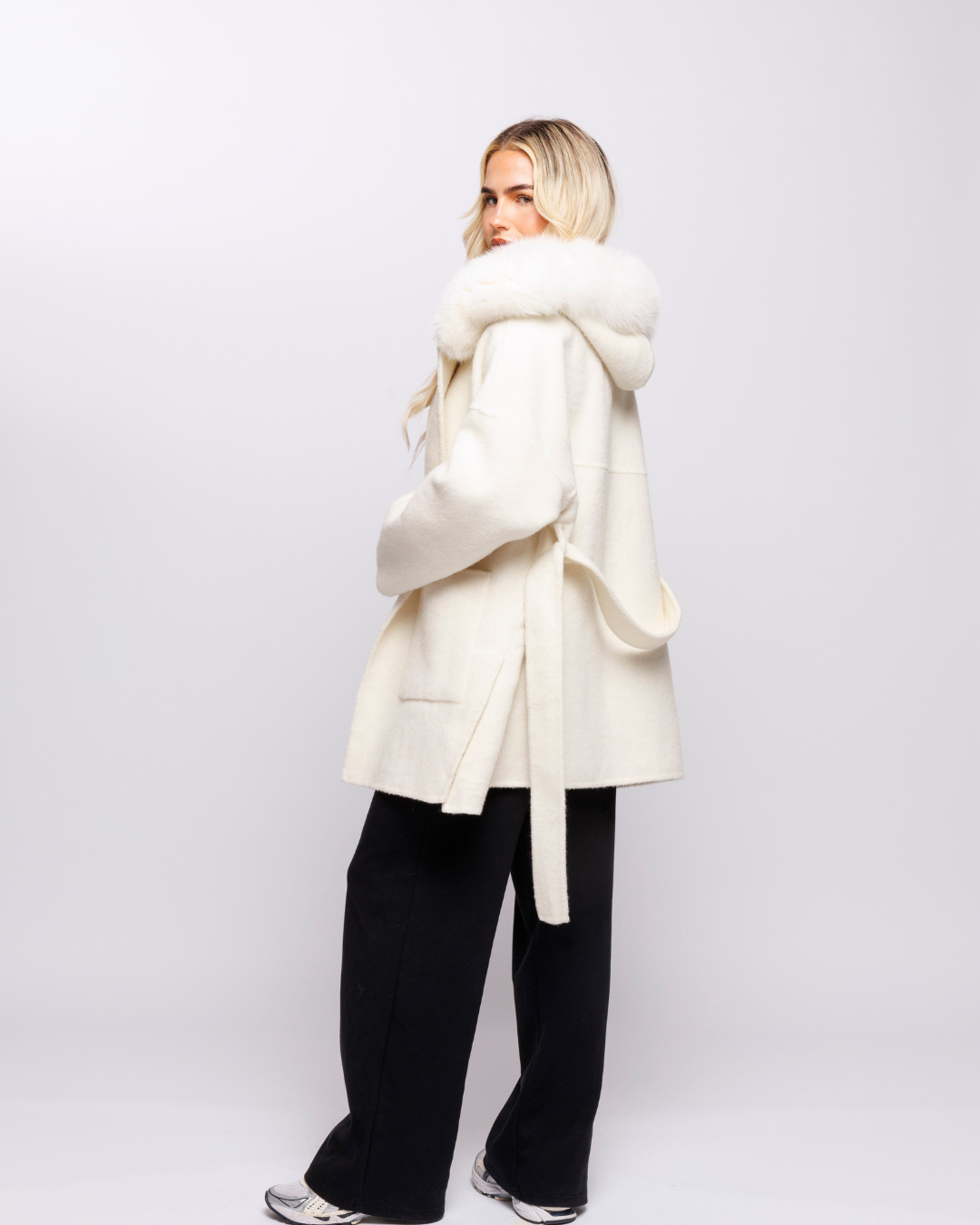 Velvet Hooded Coat - Off-White