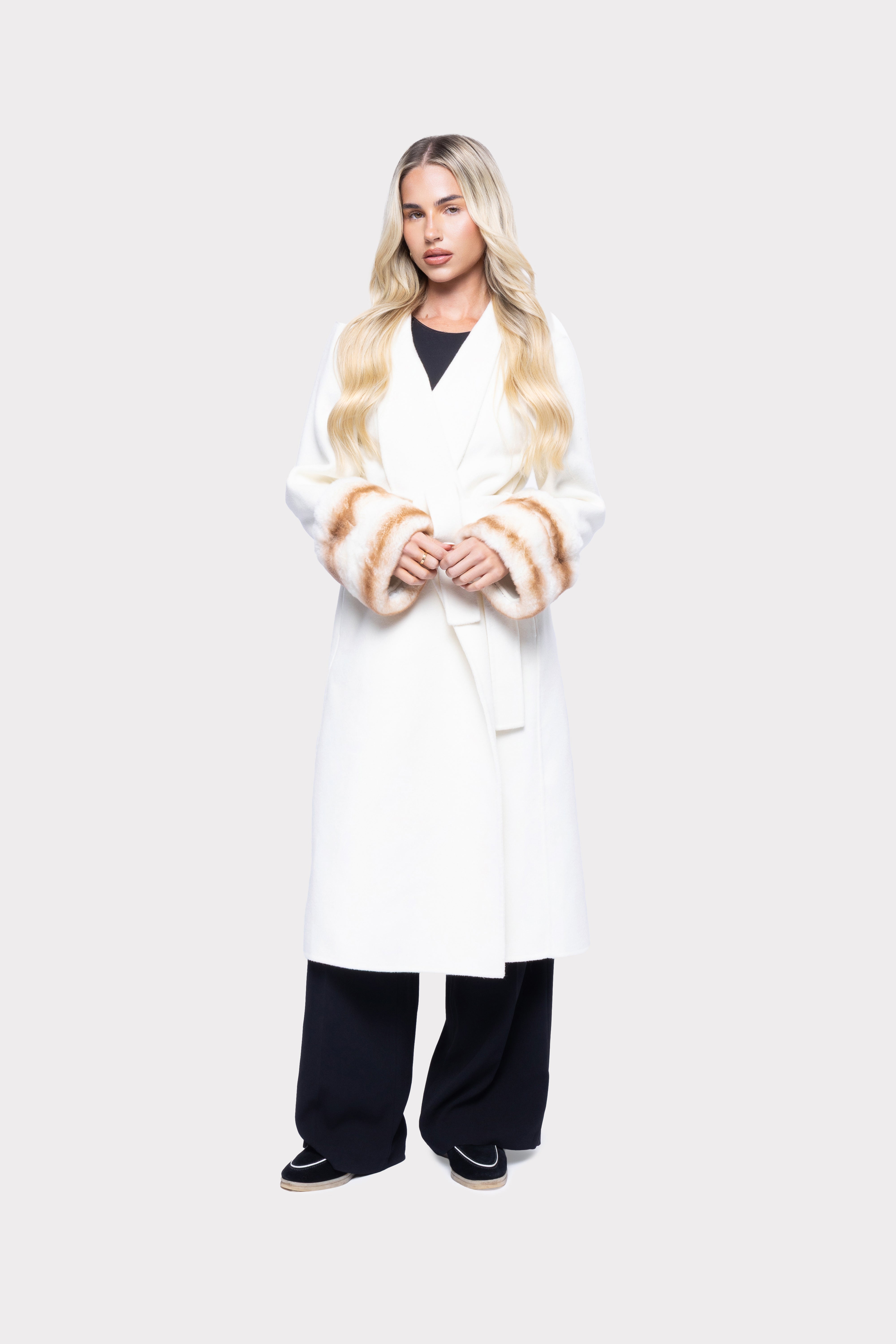 Aurelia Wool Coat with Fur Cuffs – White