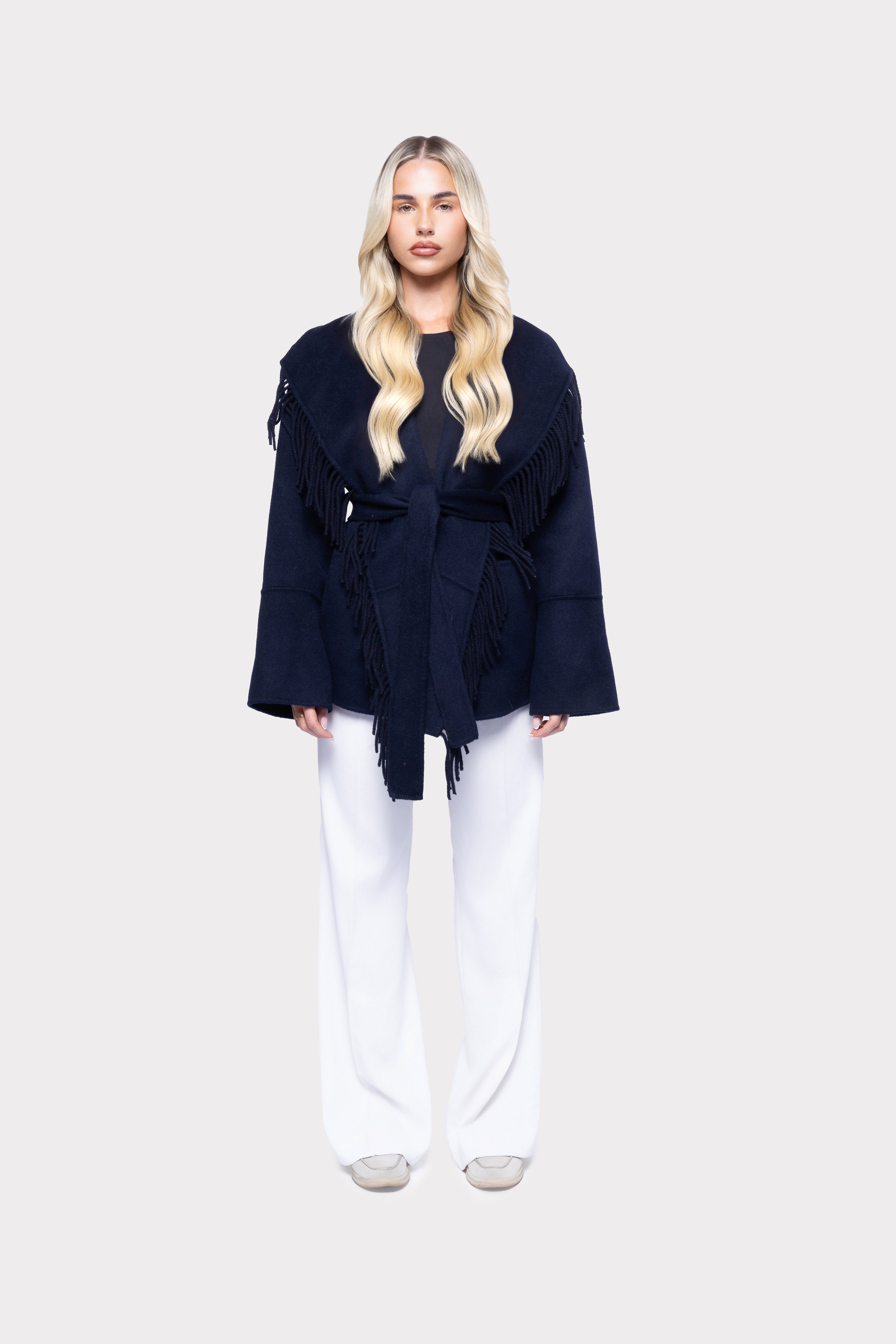 Blue Fringe Wool Wrap Coat