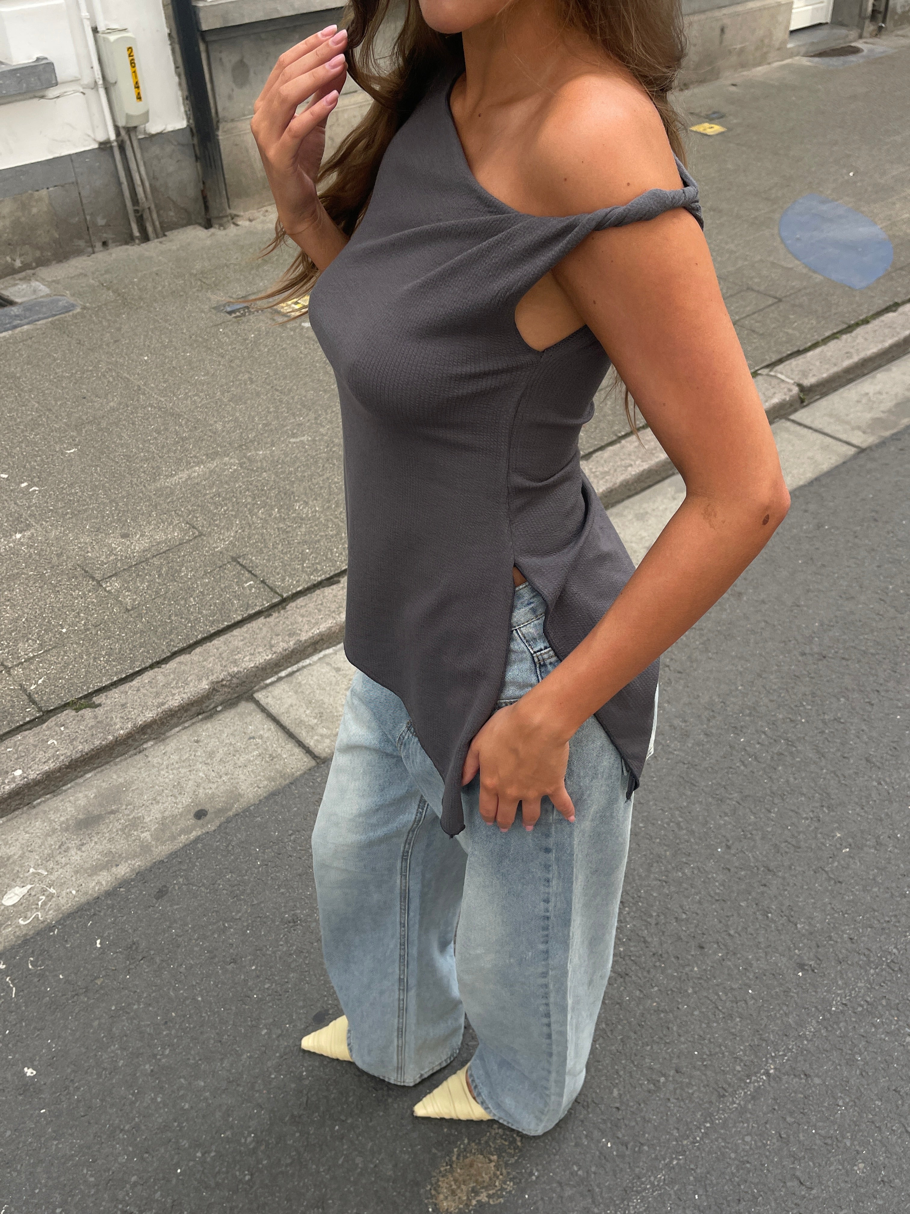 Asymmetric Off Shoulder Top Charcoal