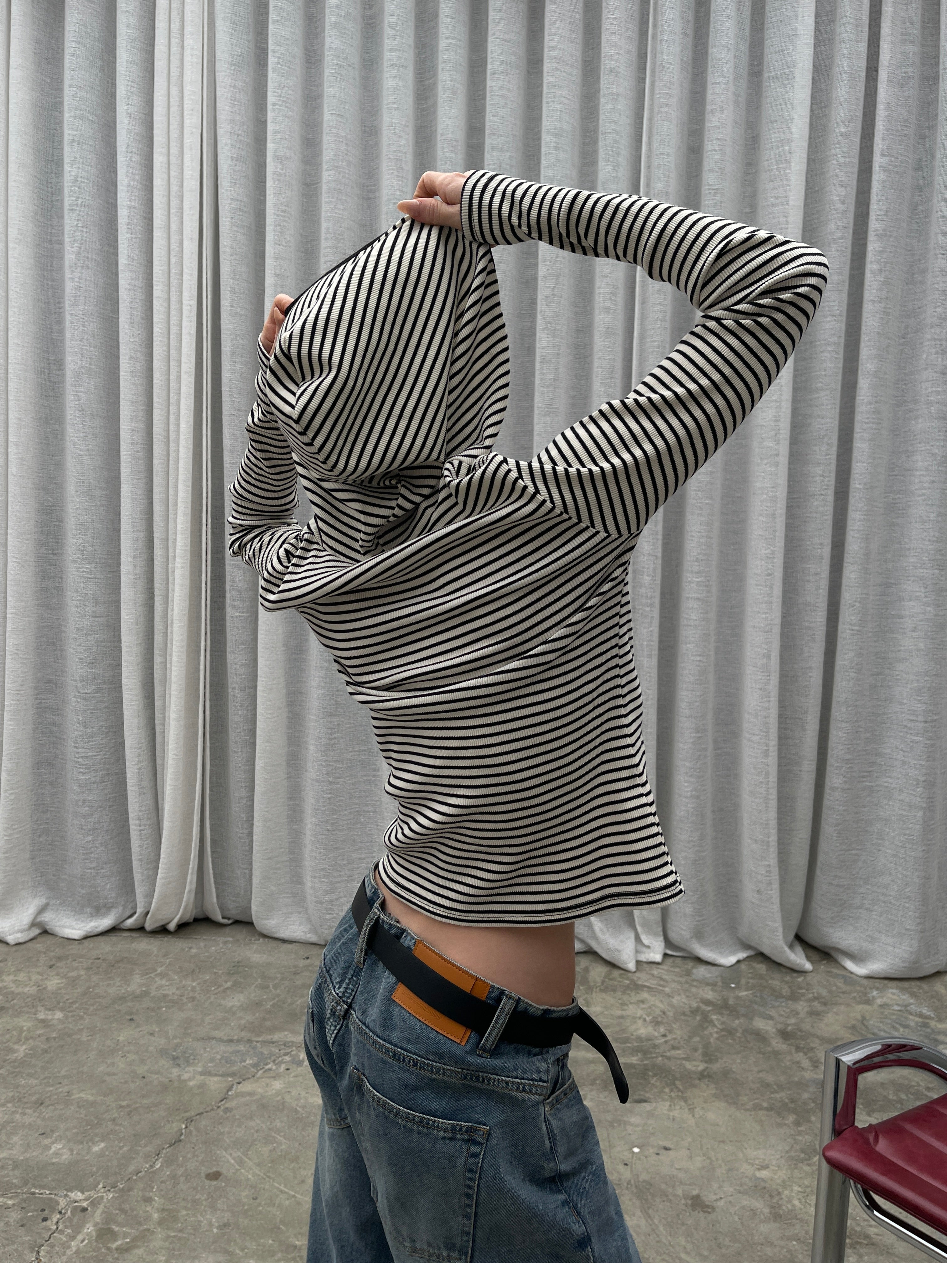 Ribbed Striped Hooded Top