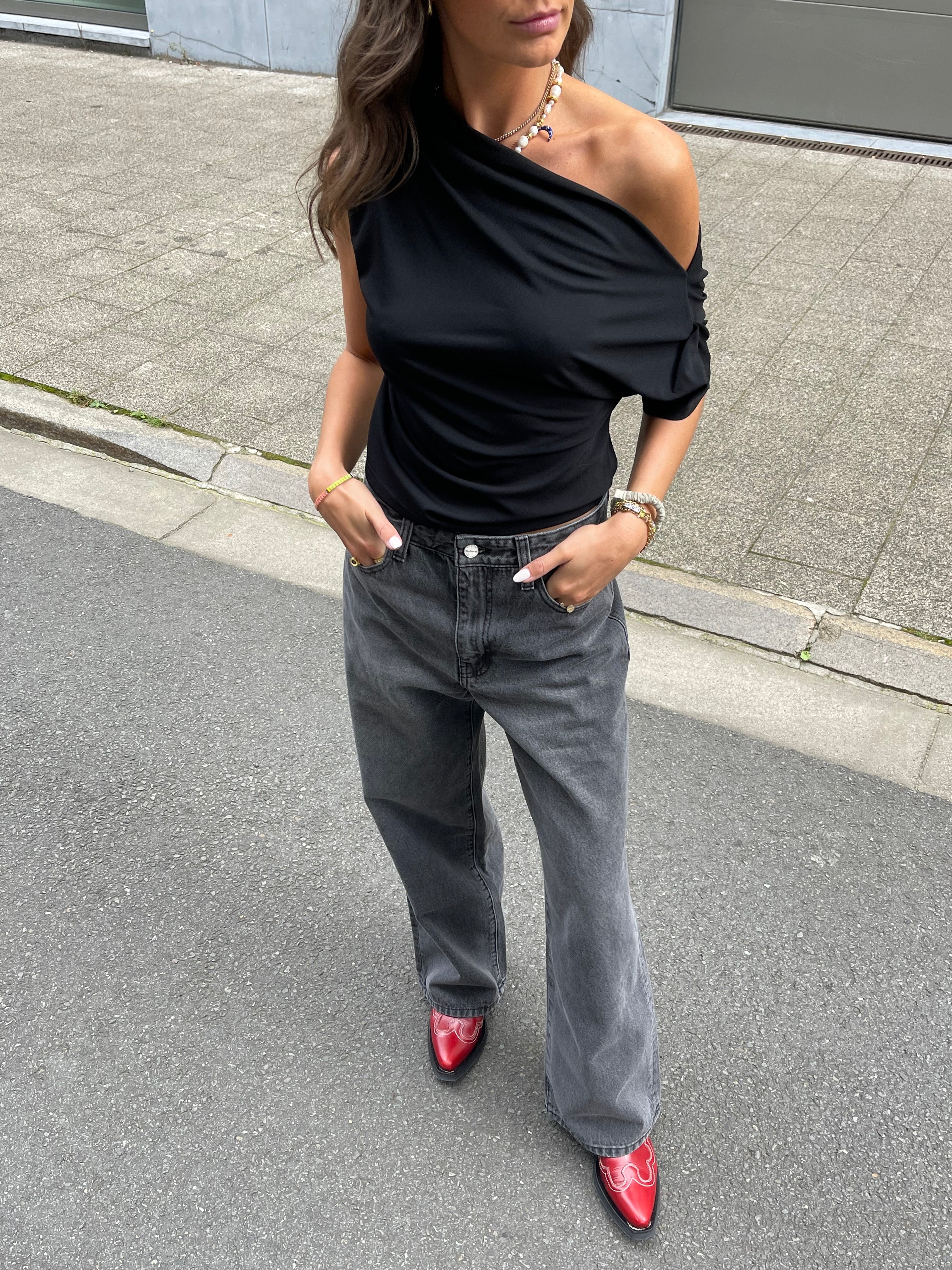 Draped Over Shoulder Top Black