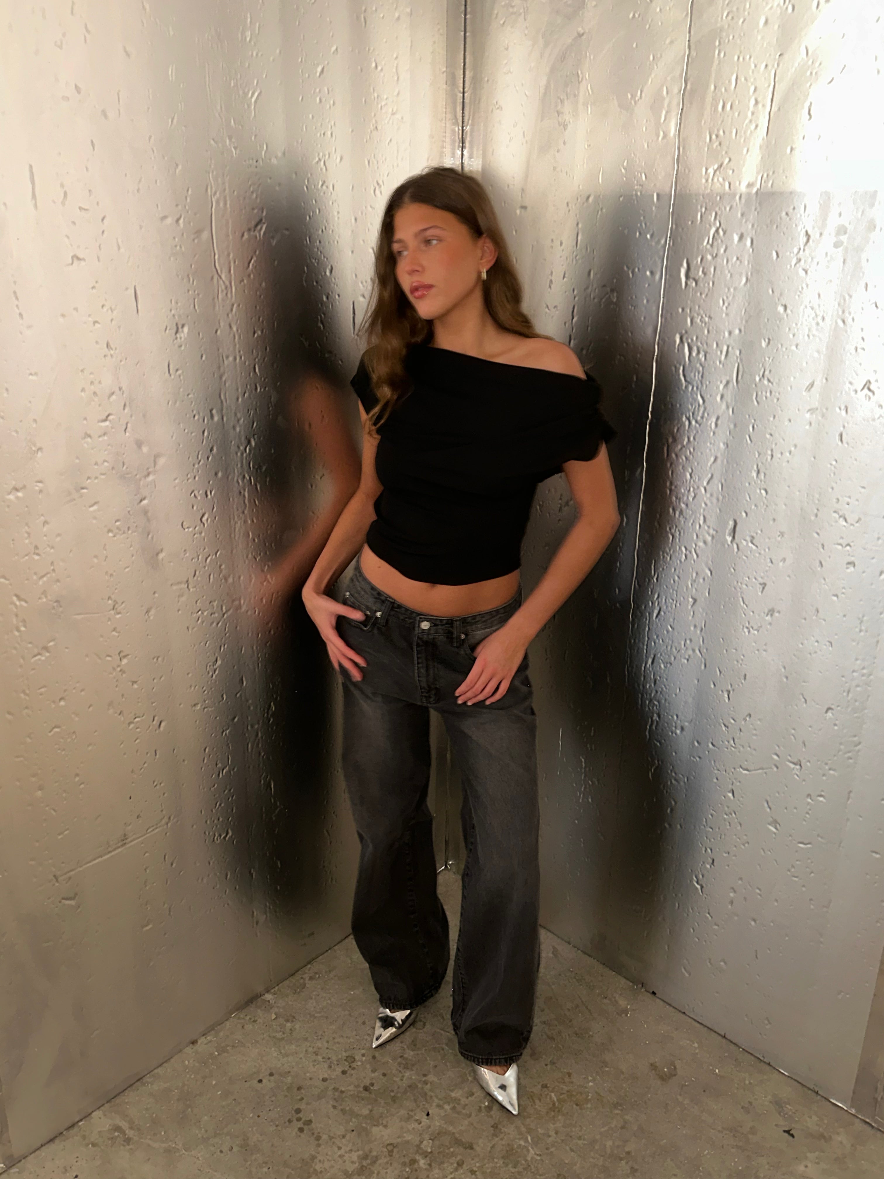 Draped Over Shoulder Top Black