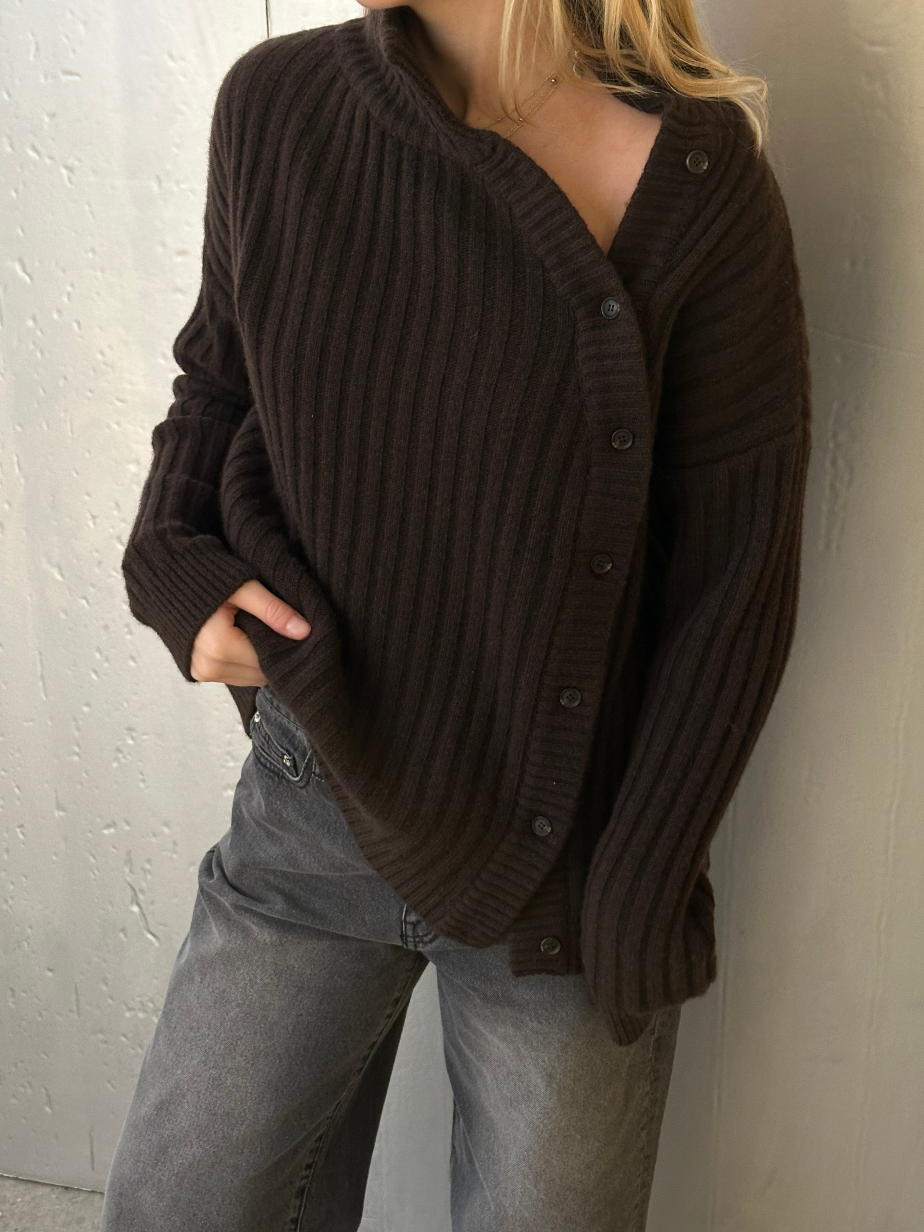 Buttoned Turtleneck Cashmere Blend Knit Brown