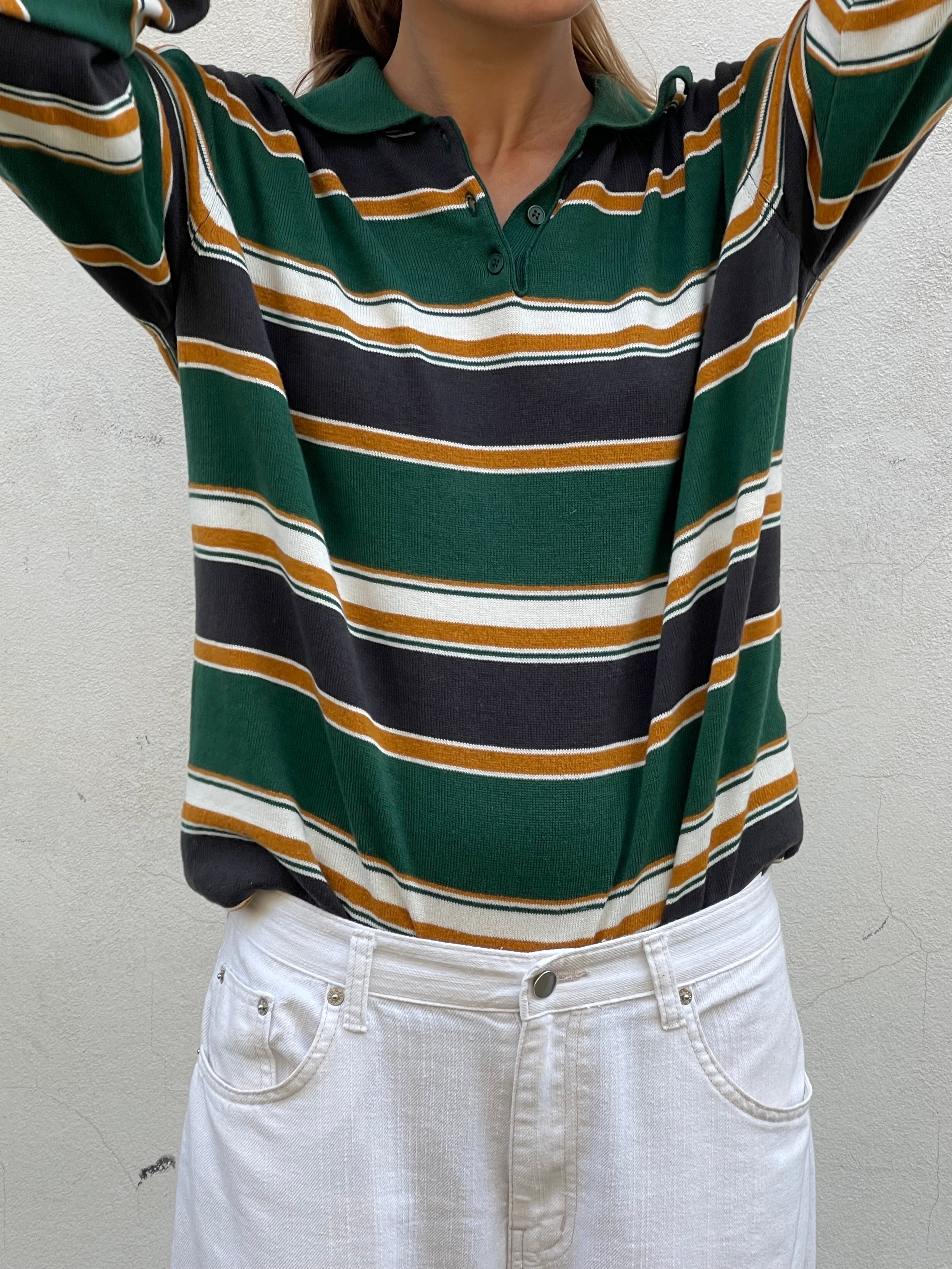 Gestricktes, gestreiftes Polo-Langarmshirt, Grün