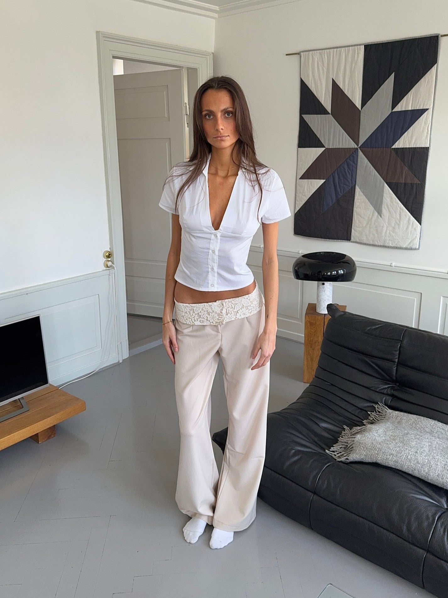 Calsia suit pants with lace trim - Beige