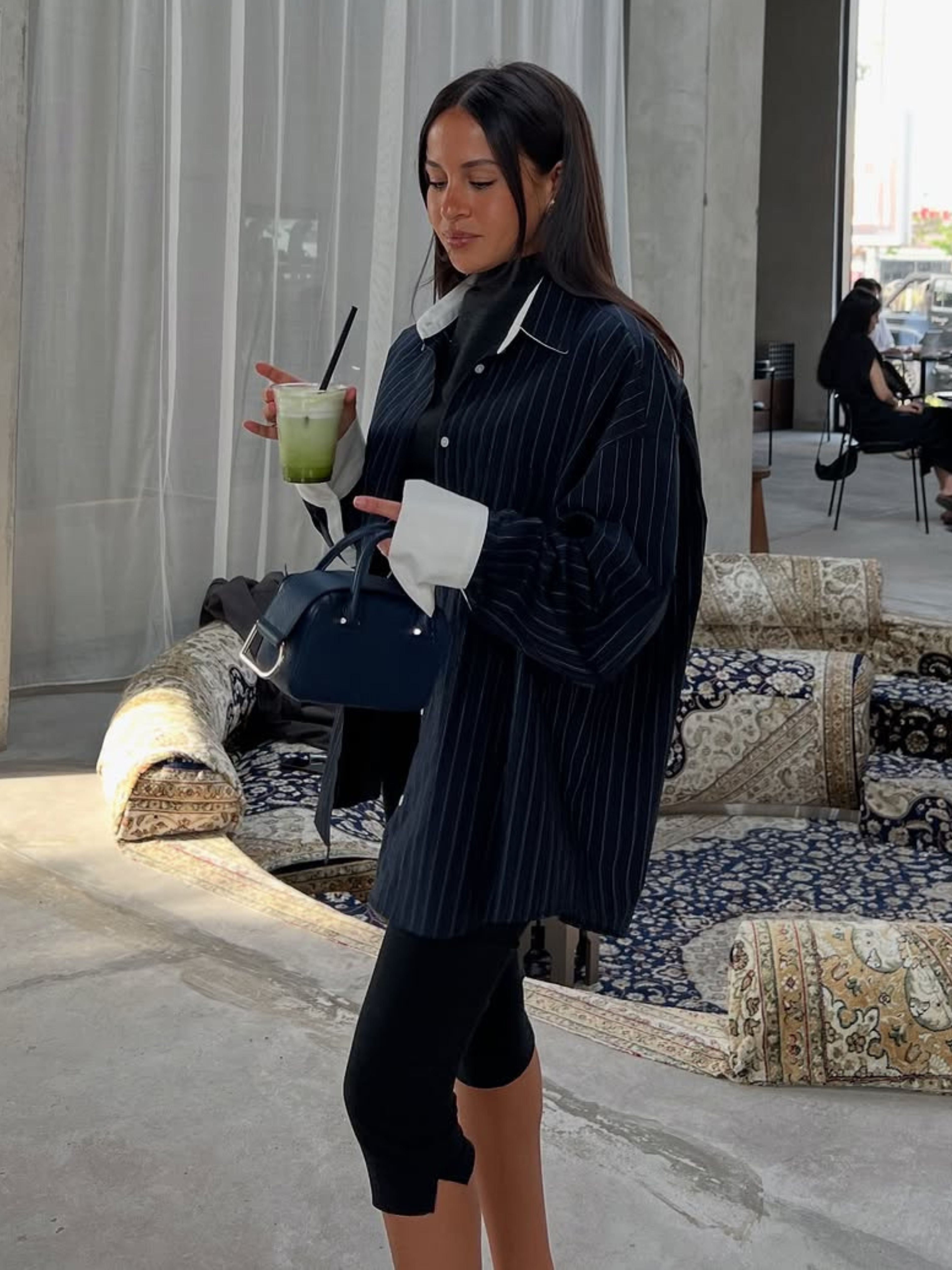 Contrast Lined Pinstriped Shirt Dark Blue