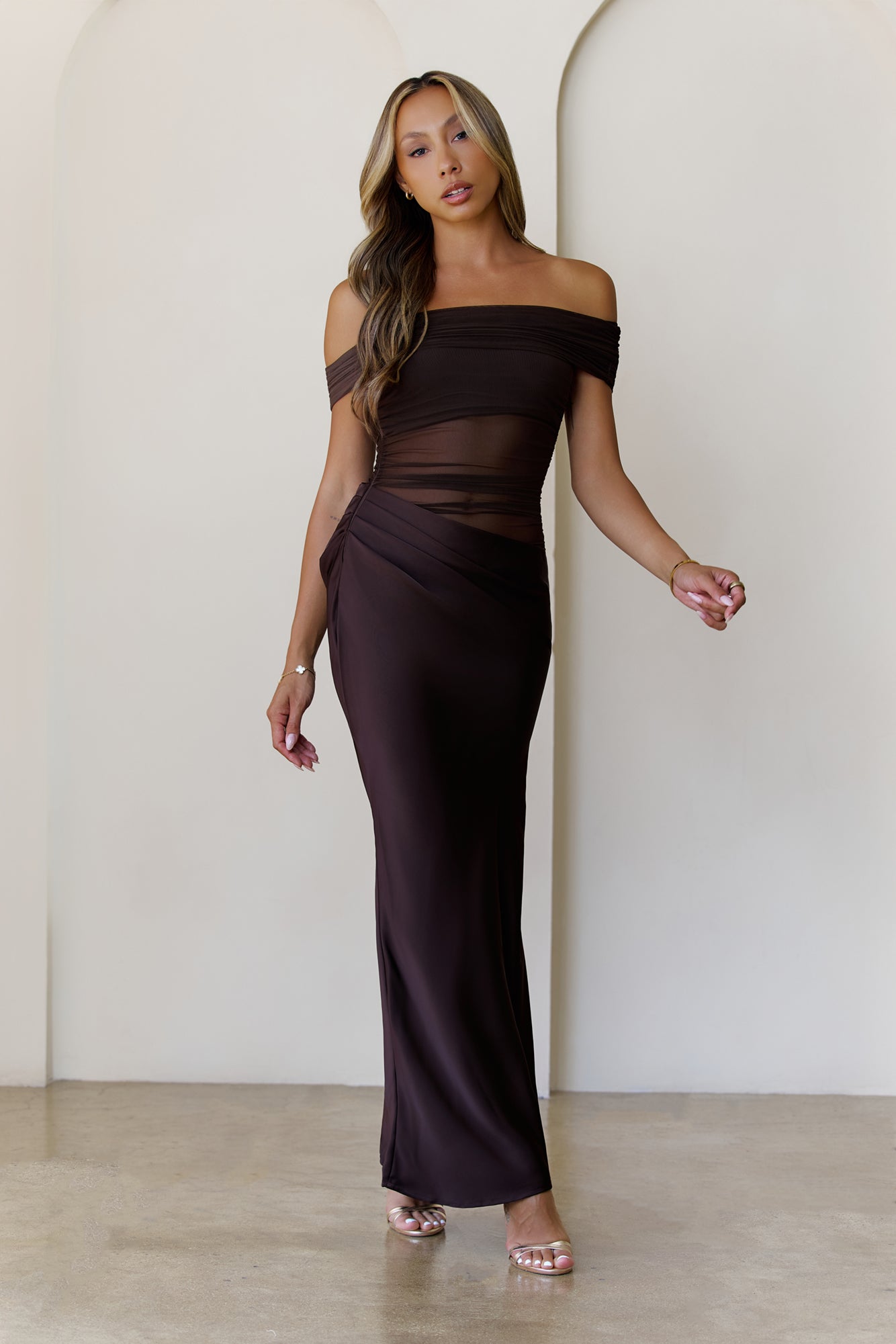 Veiled Whispers Off Shoulder Maxi Dress Brown