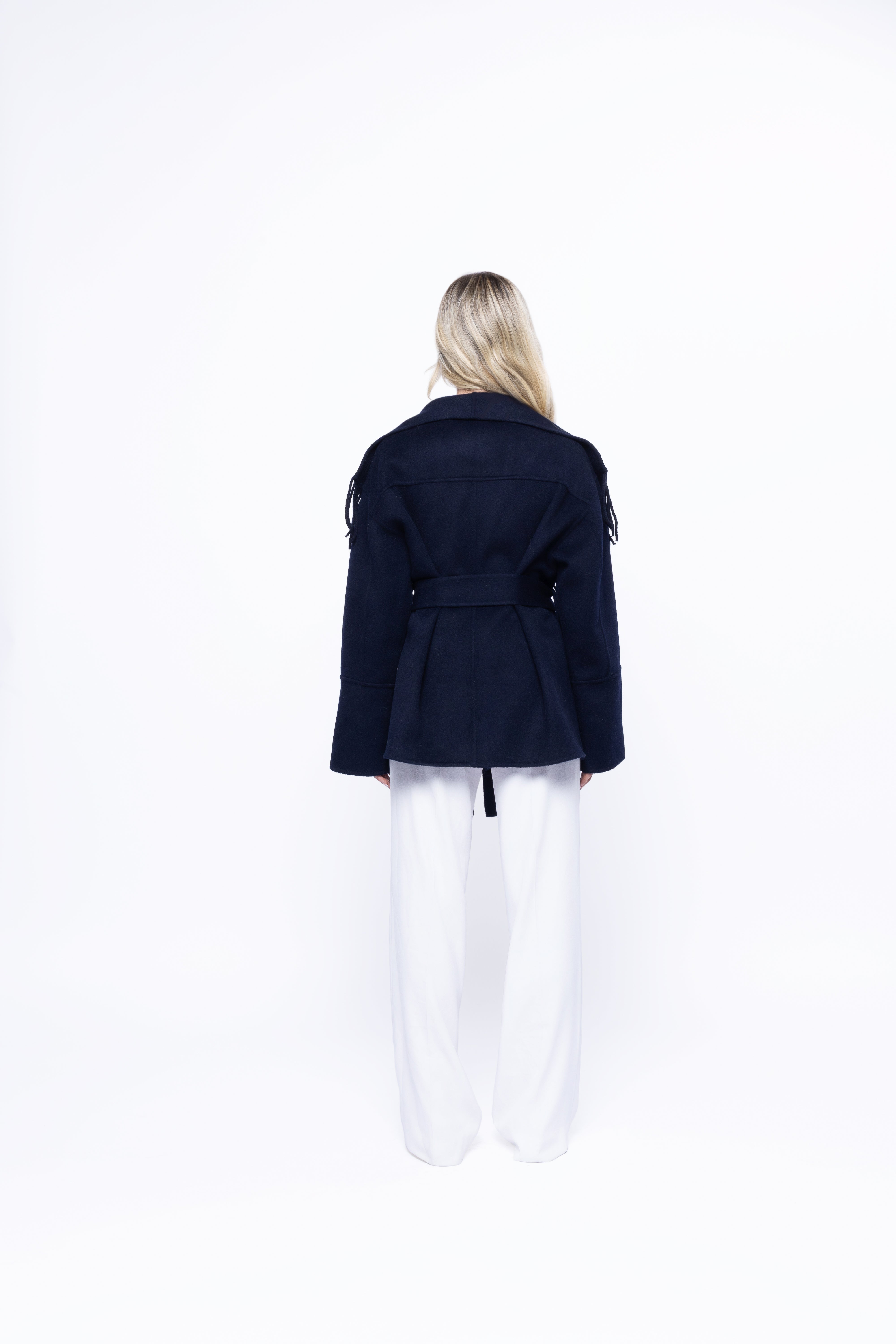 Blue Fringe Wool Wrap Coat