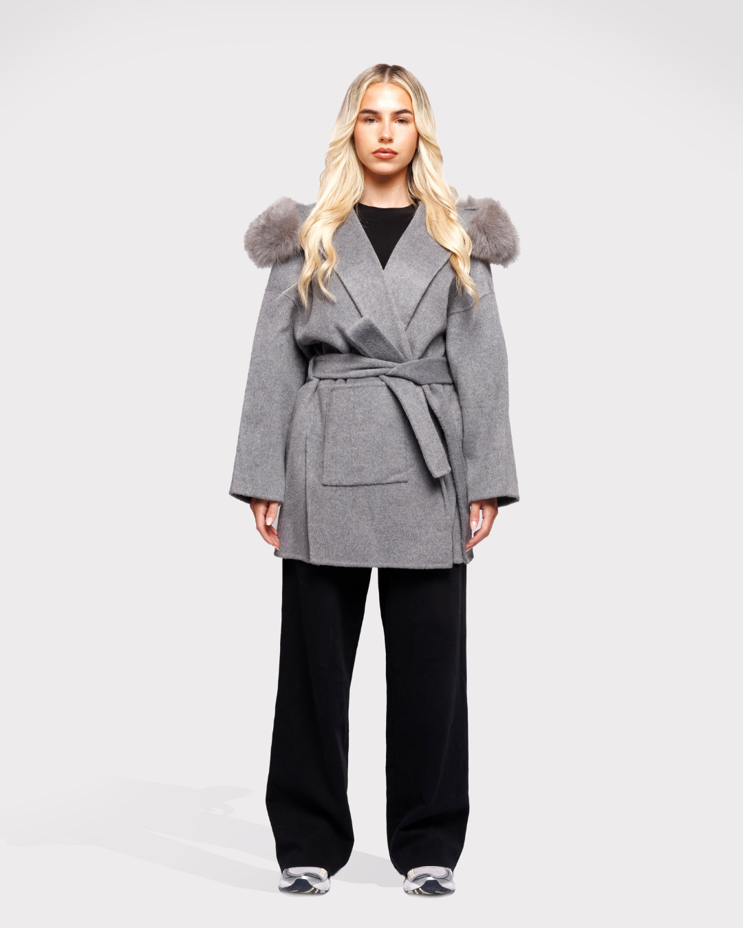 Velvet Hooded Coat - Gray
