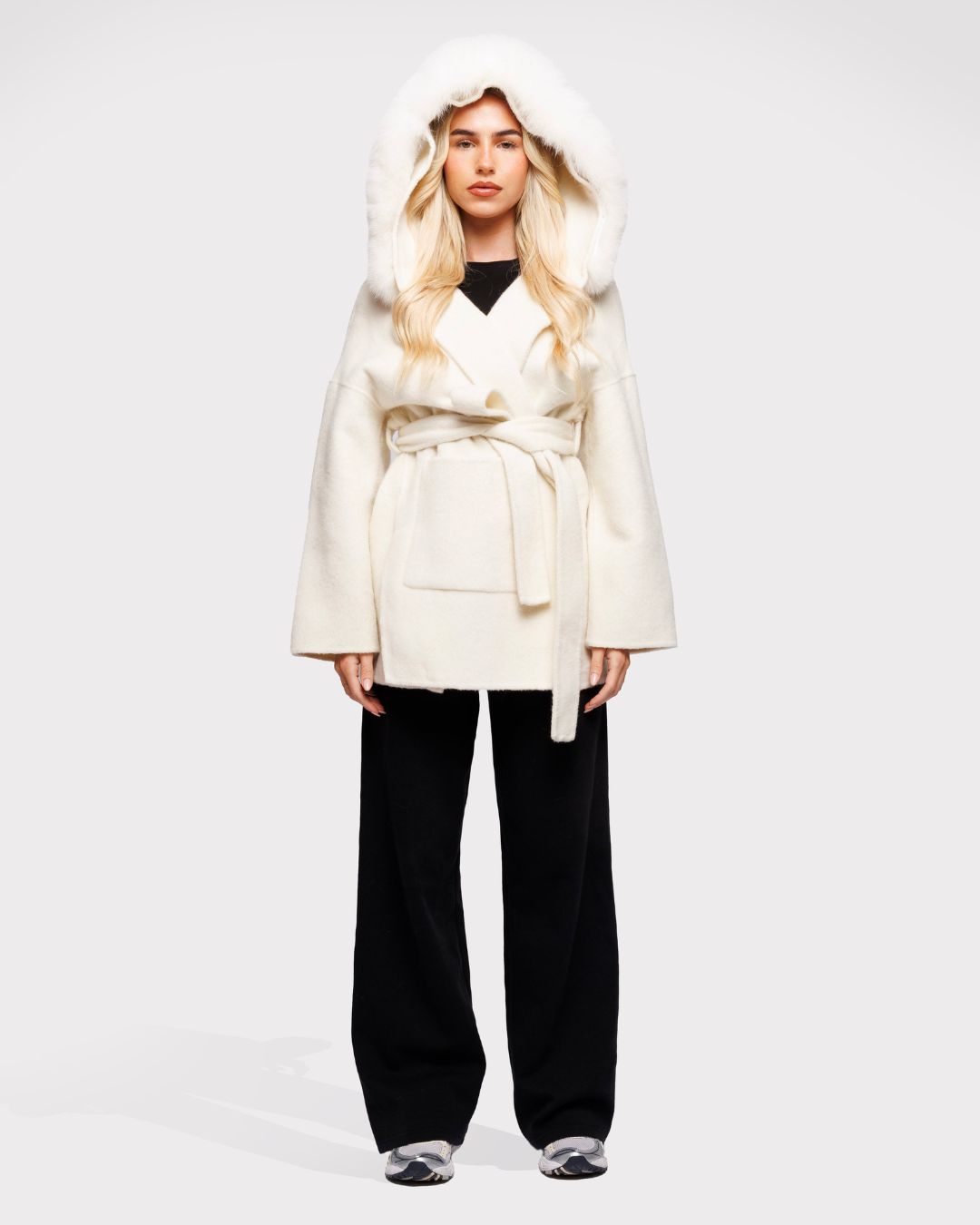 Velvet Hooded Coat - Off-White