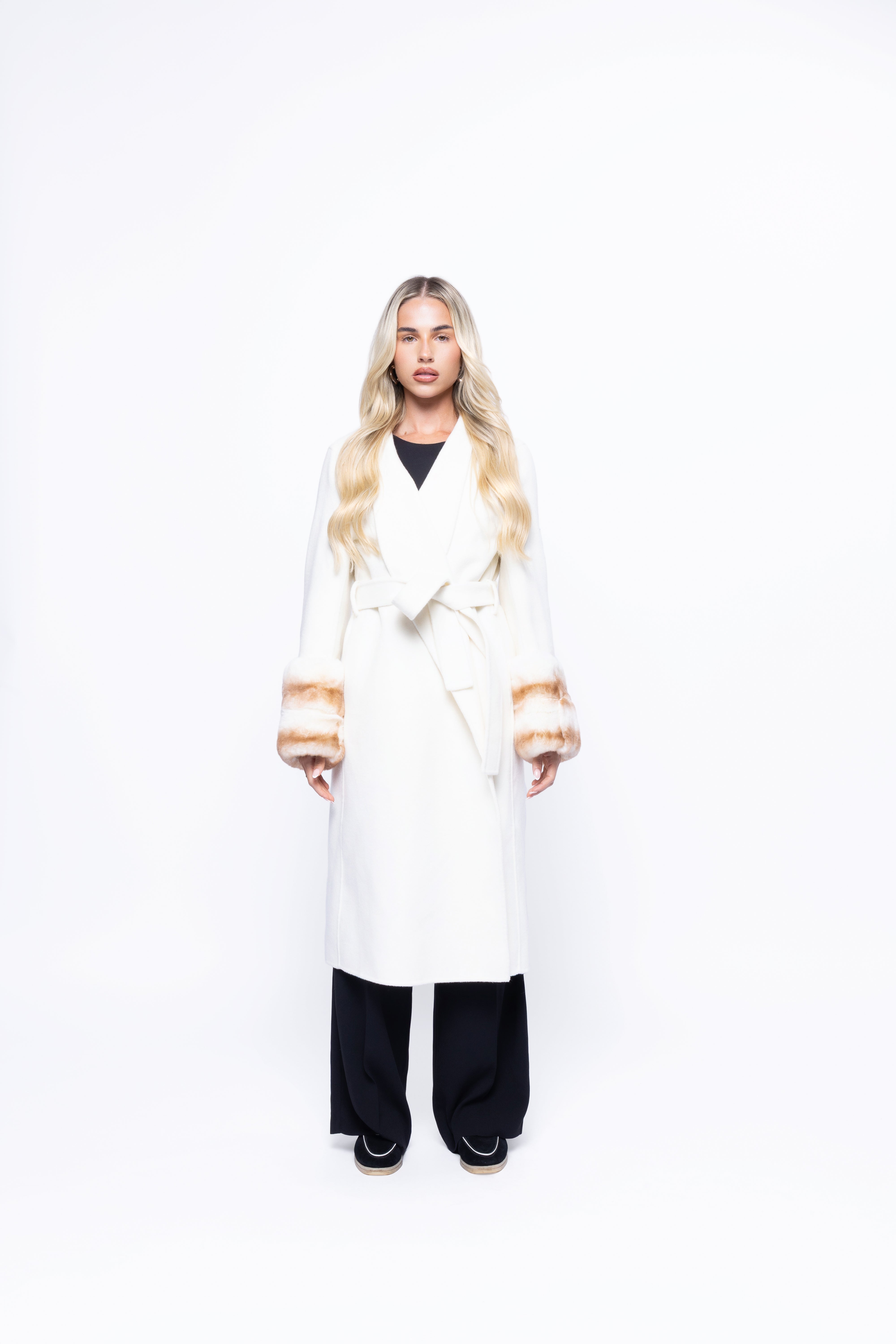 Aurelia Wool Coat with Fur Cuffs – White