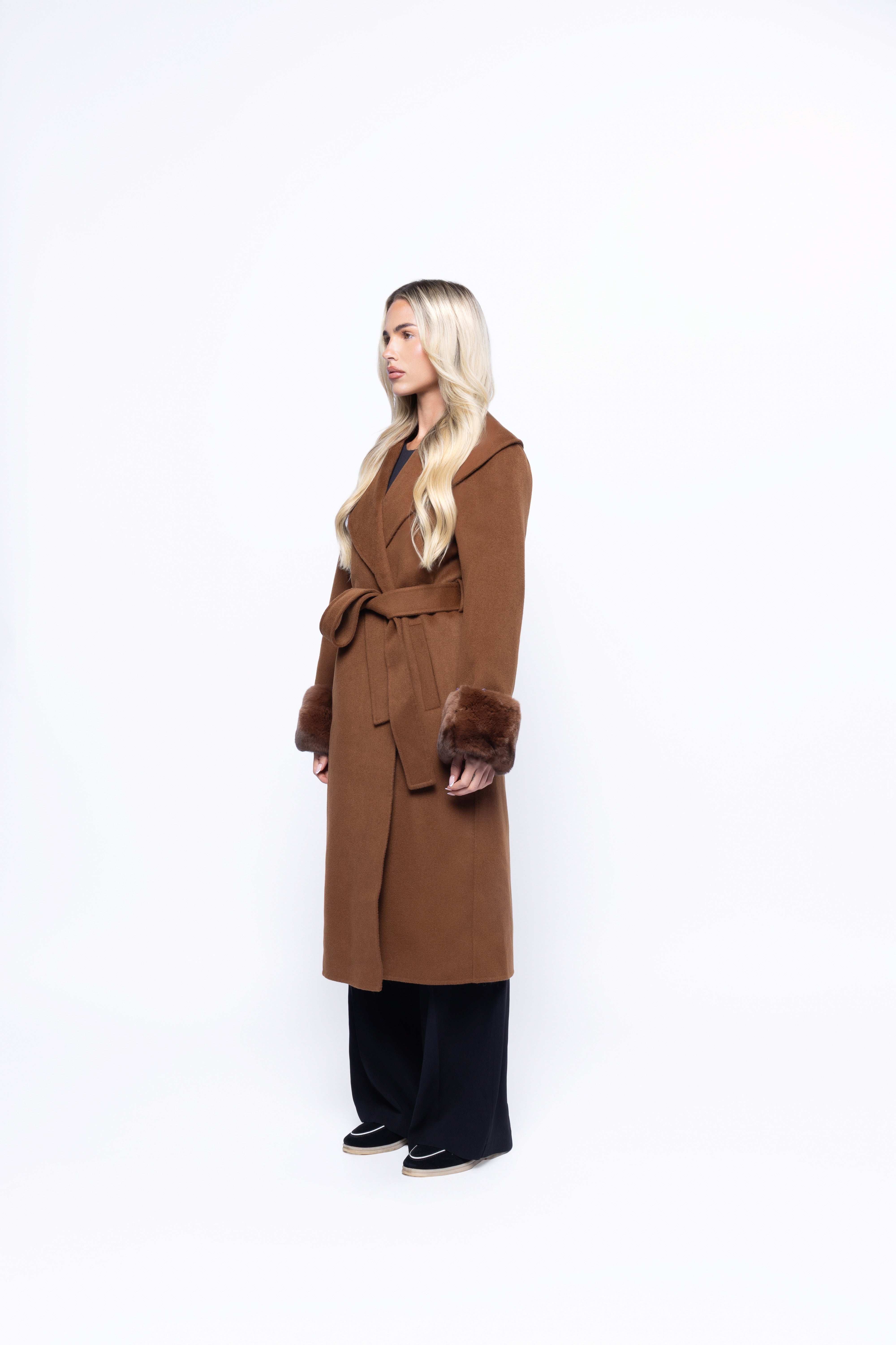 Aurelia Wool Coat with Fur Cuffs – Brown