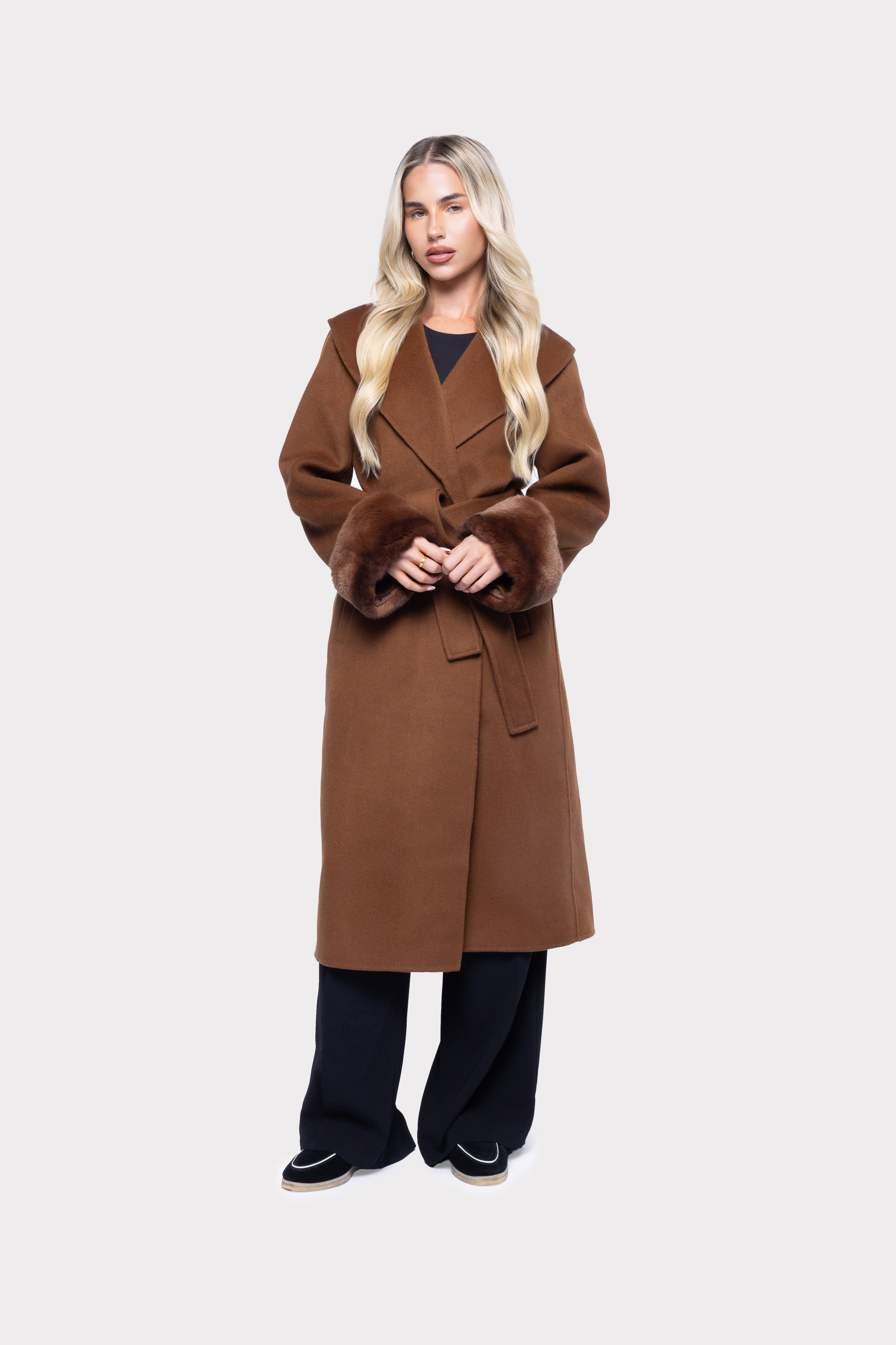 Aurelia Wool Coat with Fur Cuffs – Brown