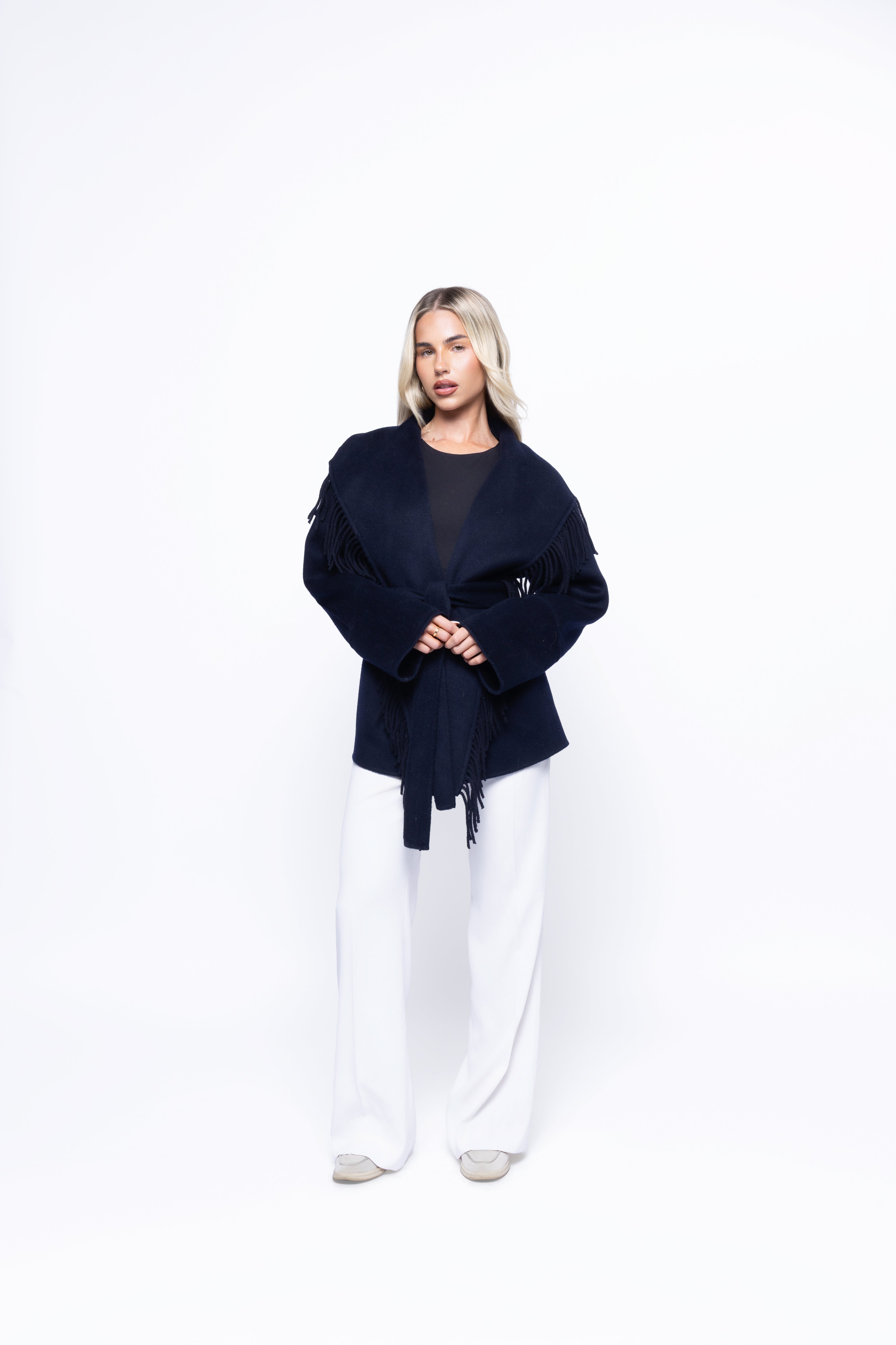 Blue Fringe Wool Wrap Coat