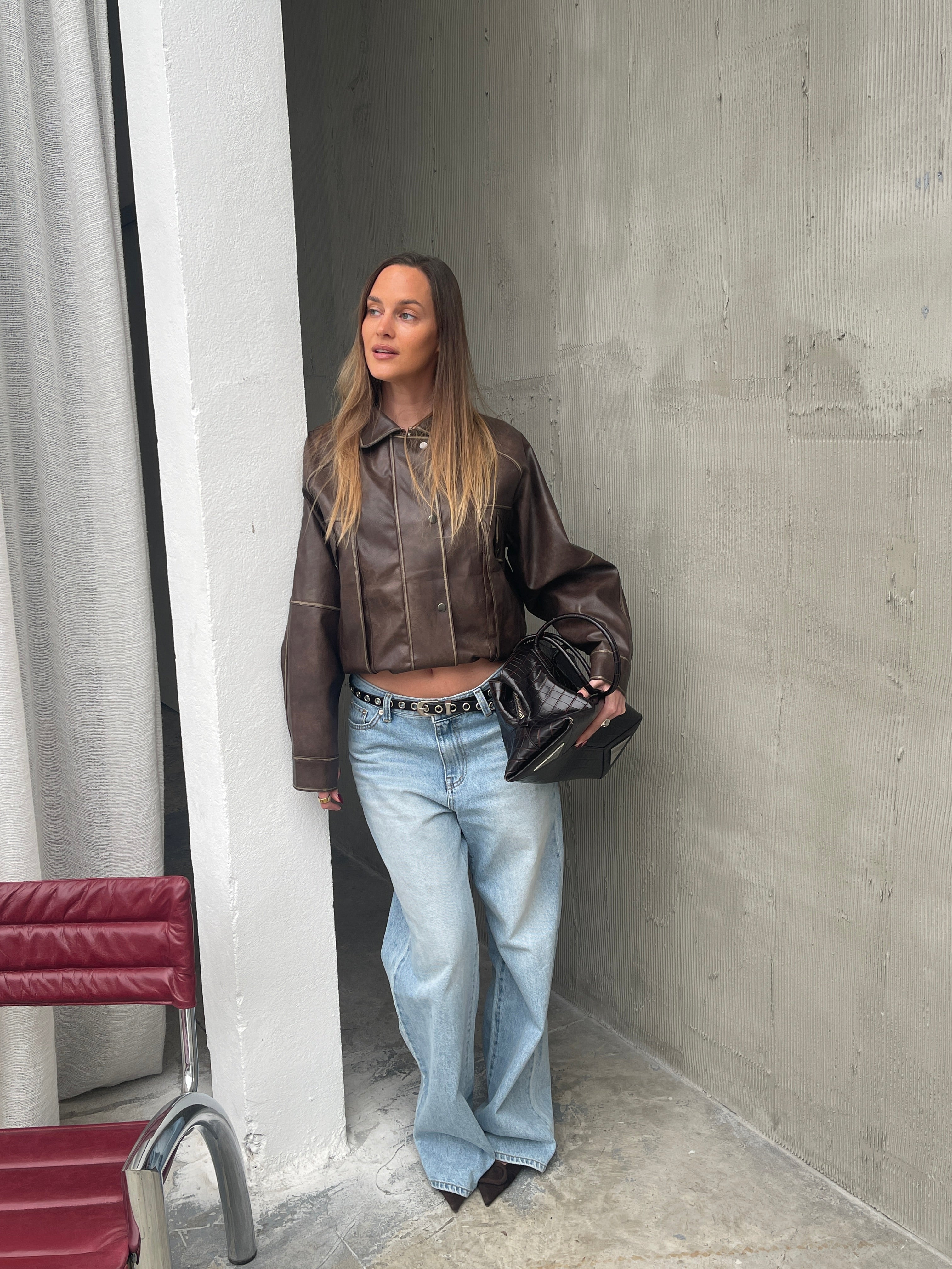 Contrast Stitch Buttoned Jacket Brown