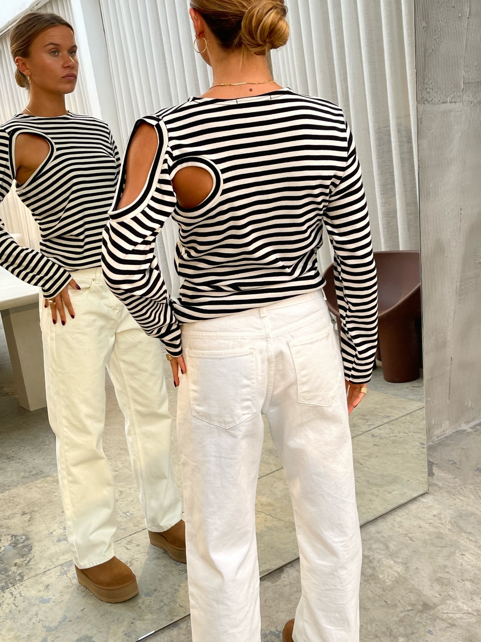 Cut Out Striped Long Sleeve Tee