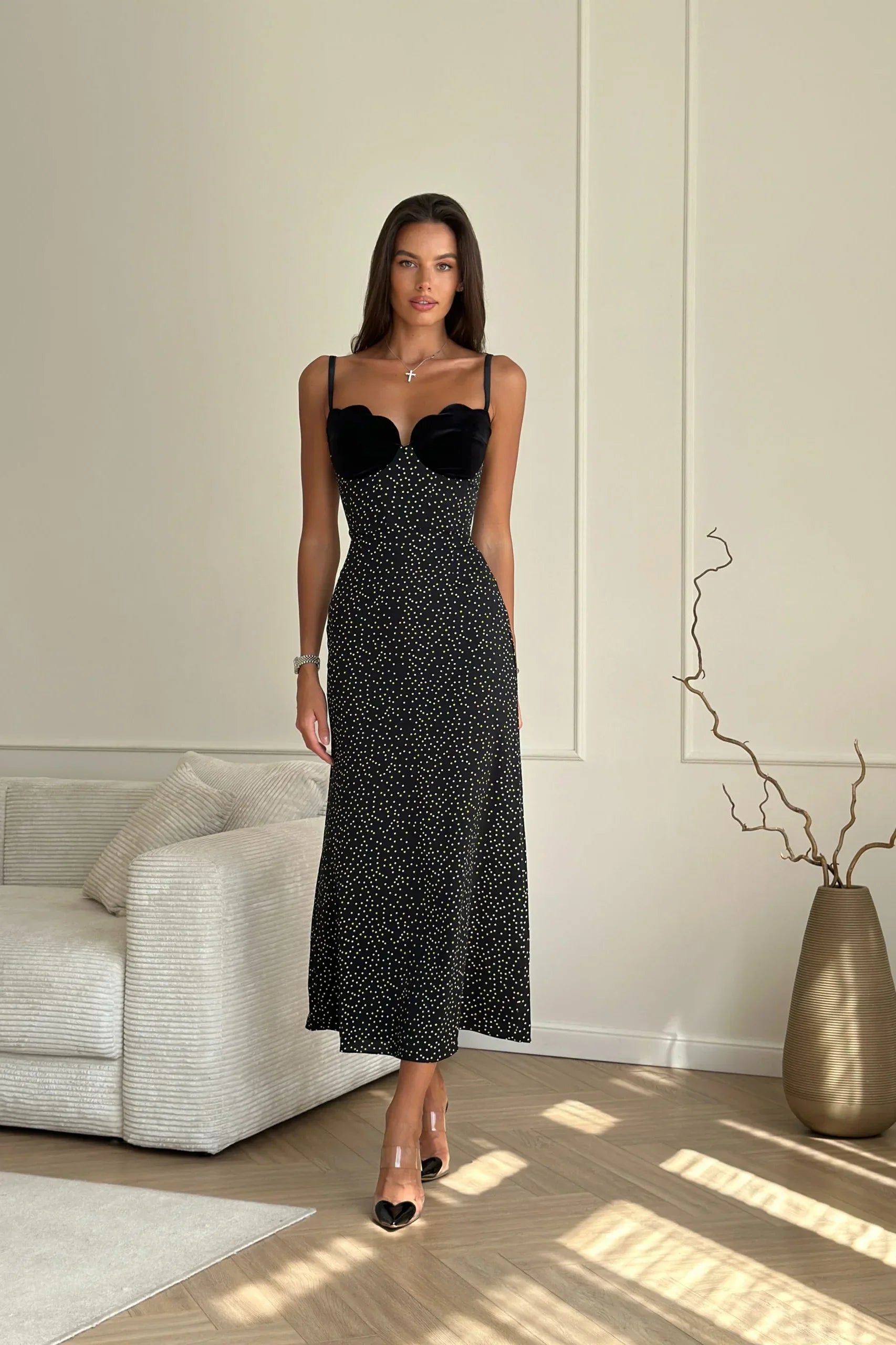 Velvet Dot Elegance Midi Dress