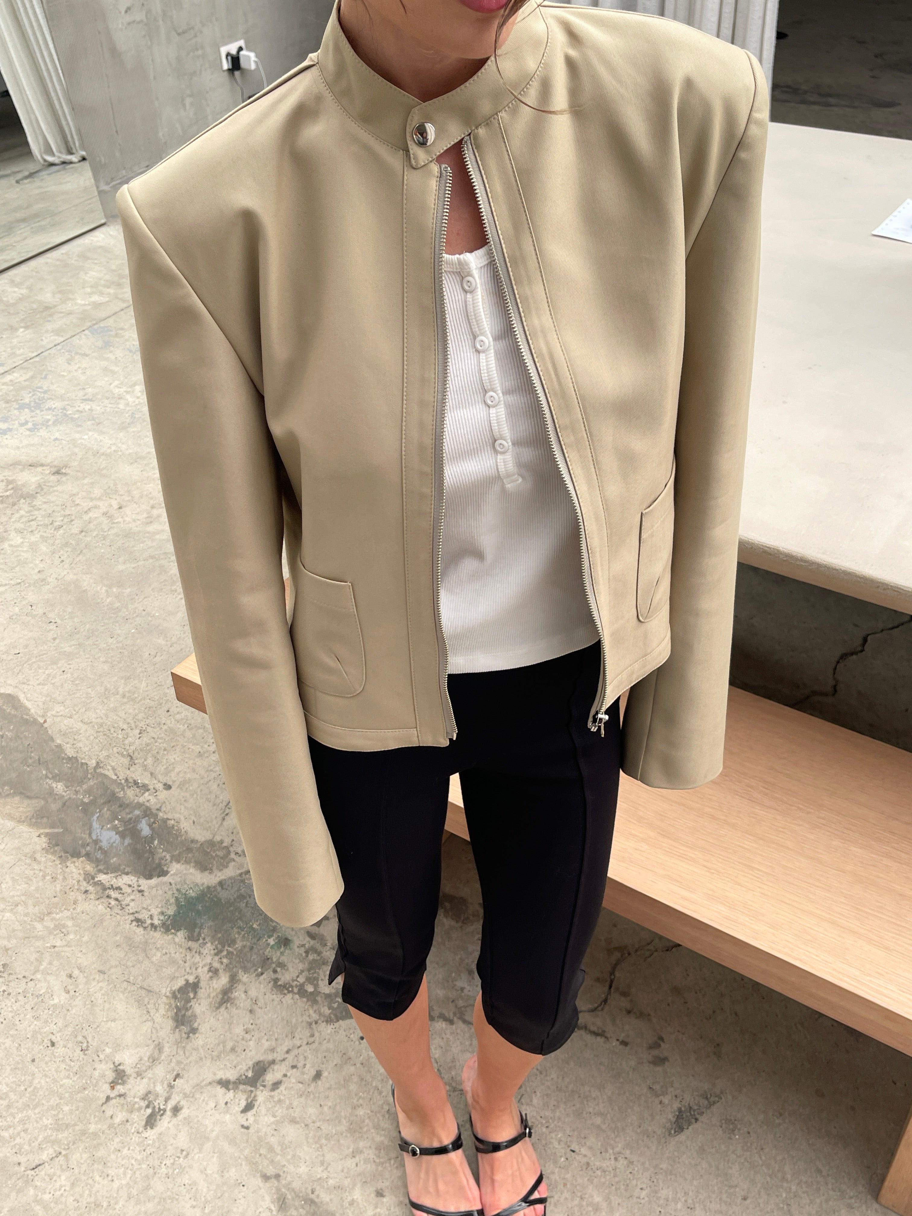 Padded High Neck Strap Detail Jacket Tan