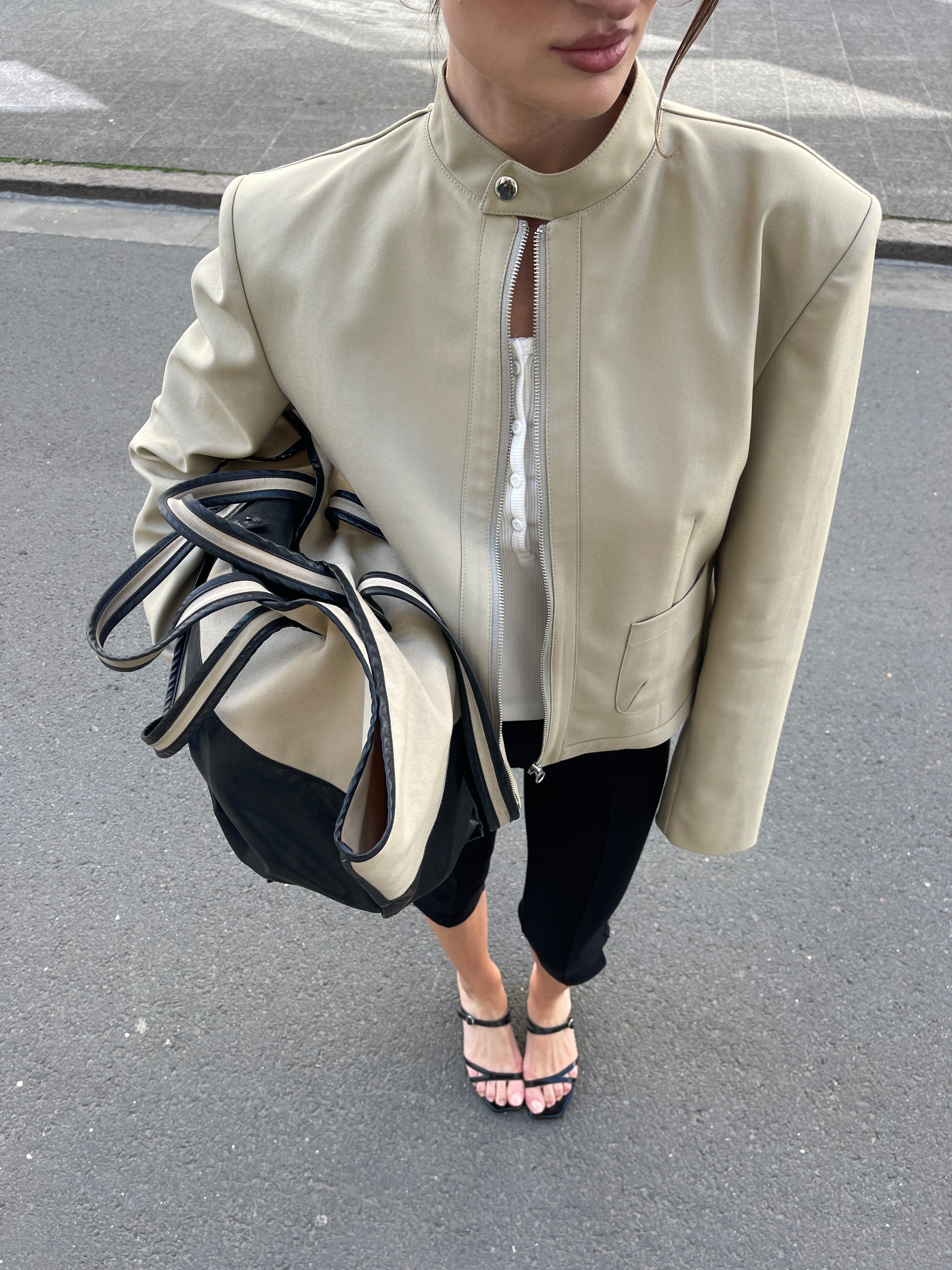 Padded High Neck Strap Detail Jacket Tan