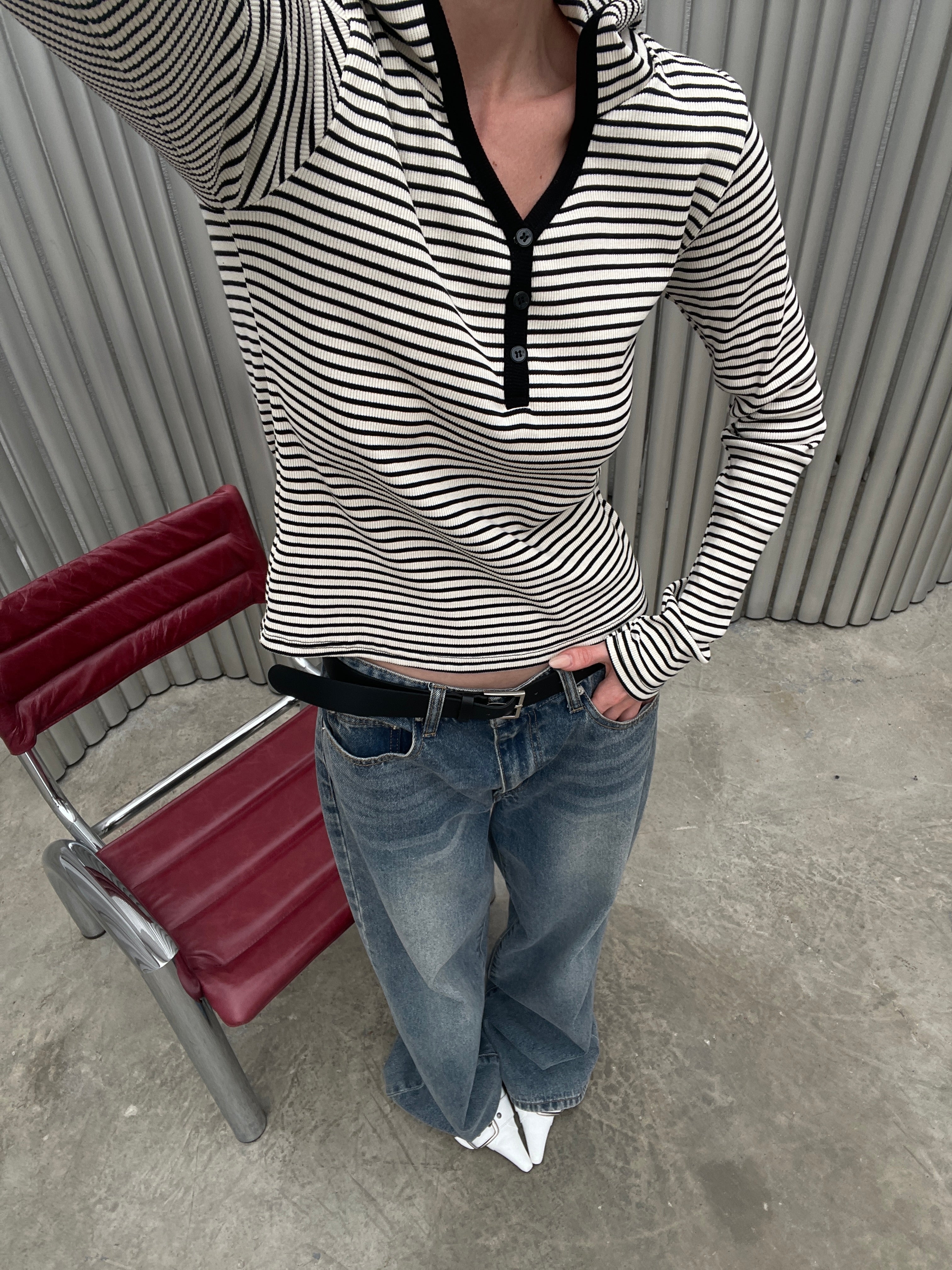 Ribbed Striped Hooded Top