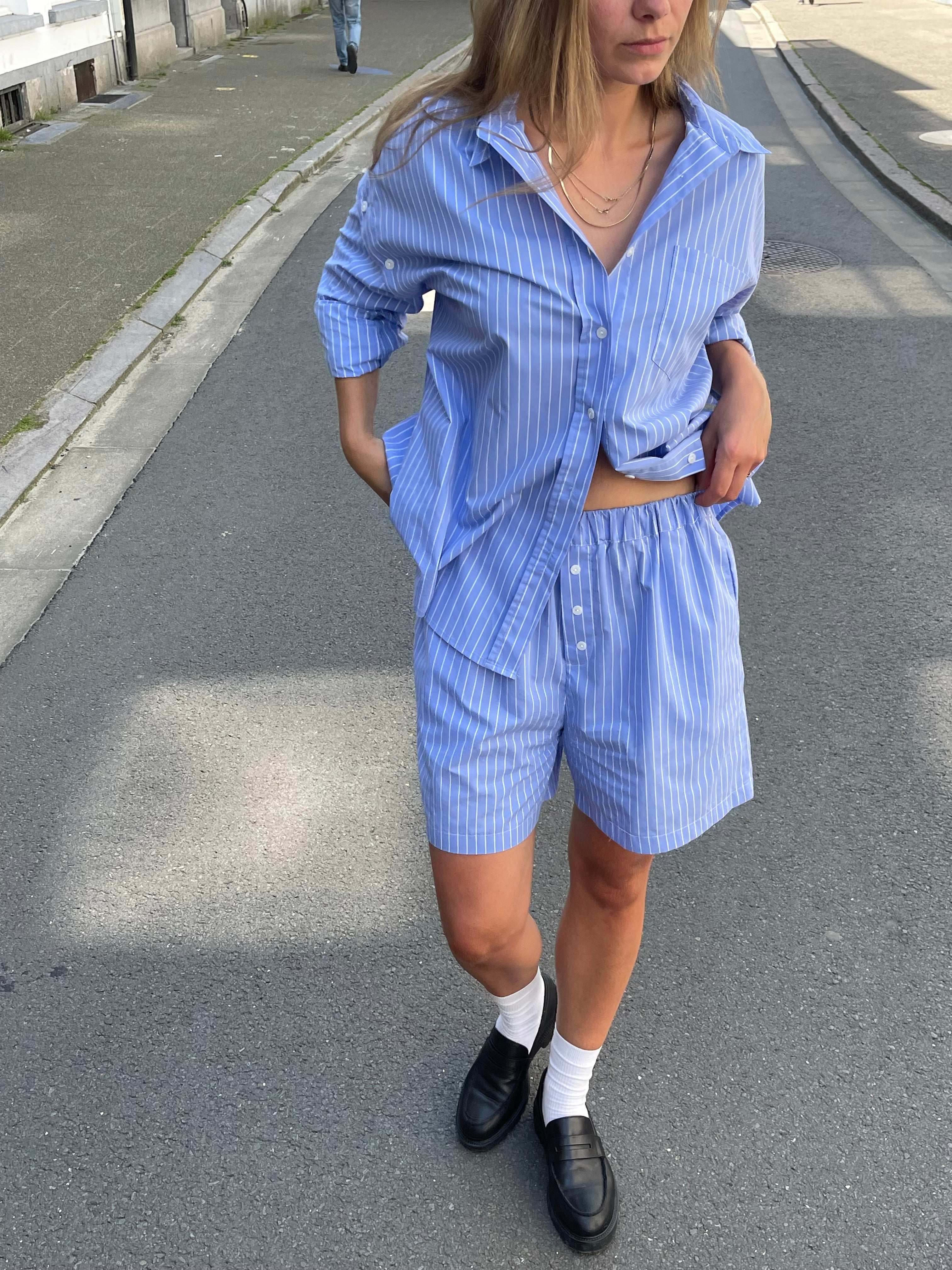 Buttoned Striped Shorts Blue