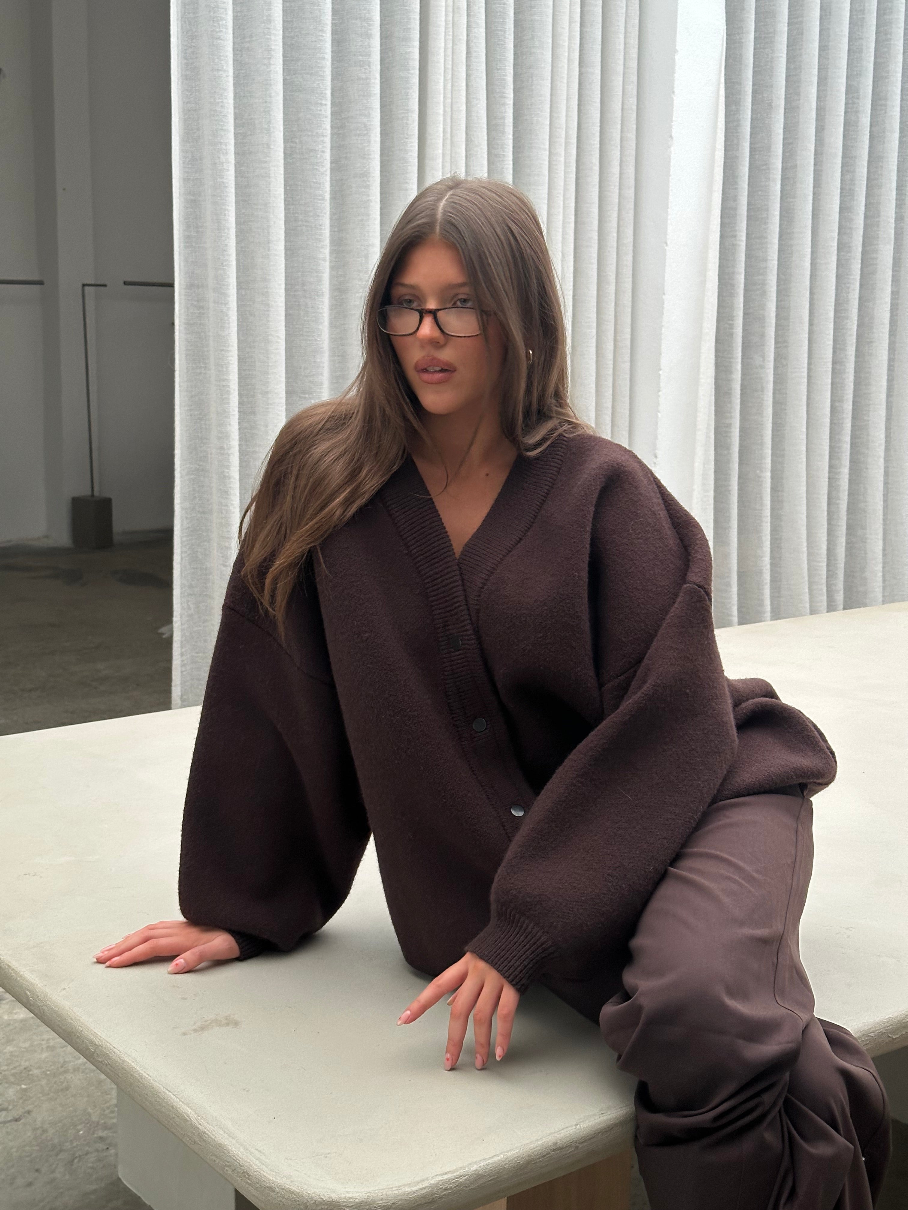 Oversized Press Button Cardigan Brown