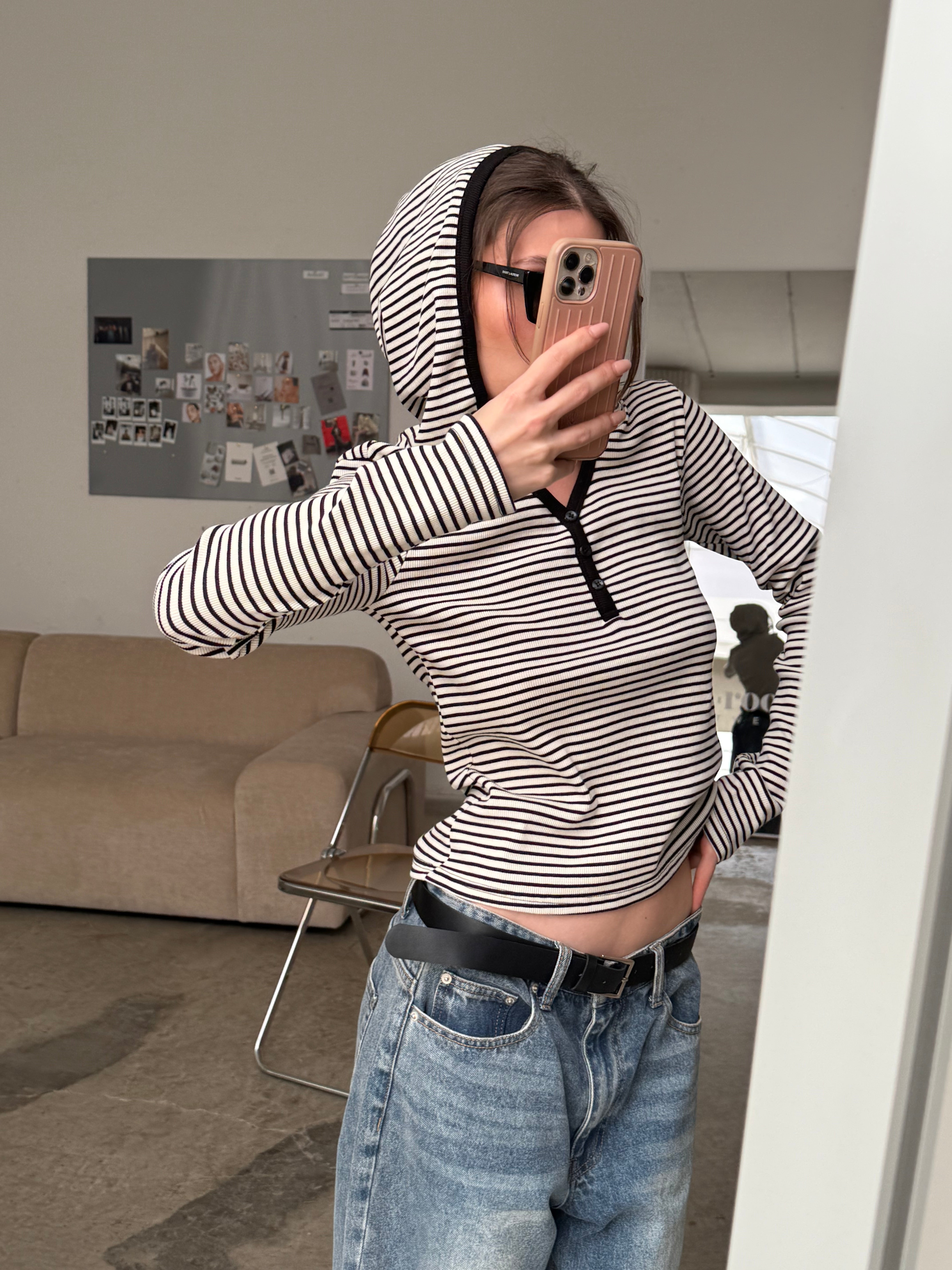 Ribbed Striped Hooded Top