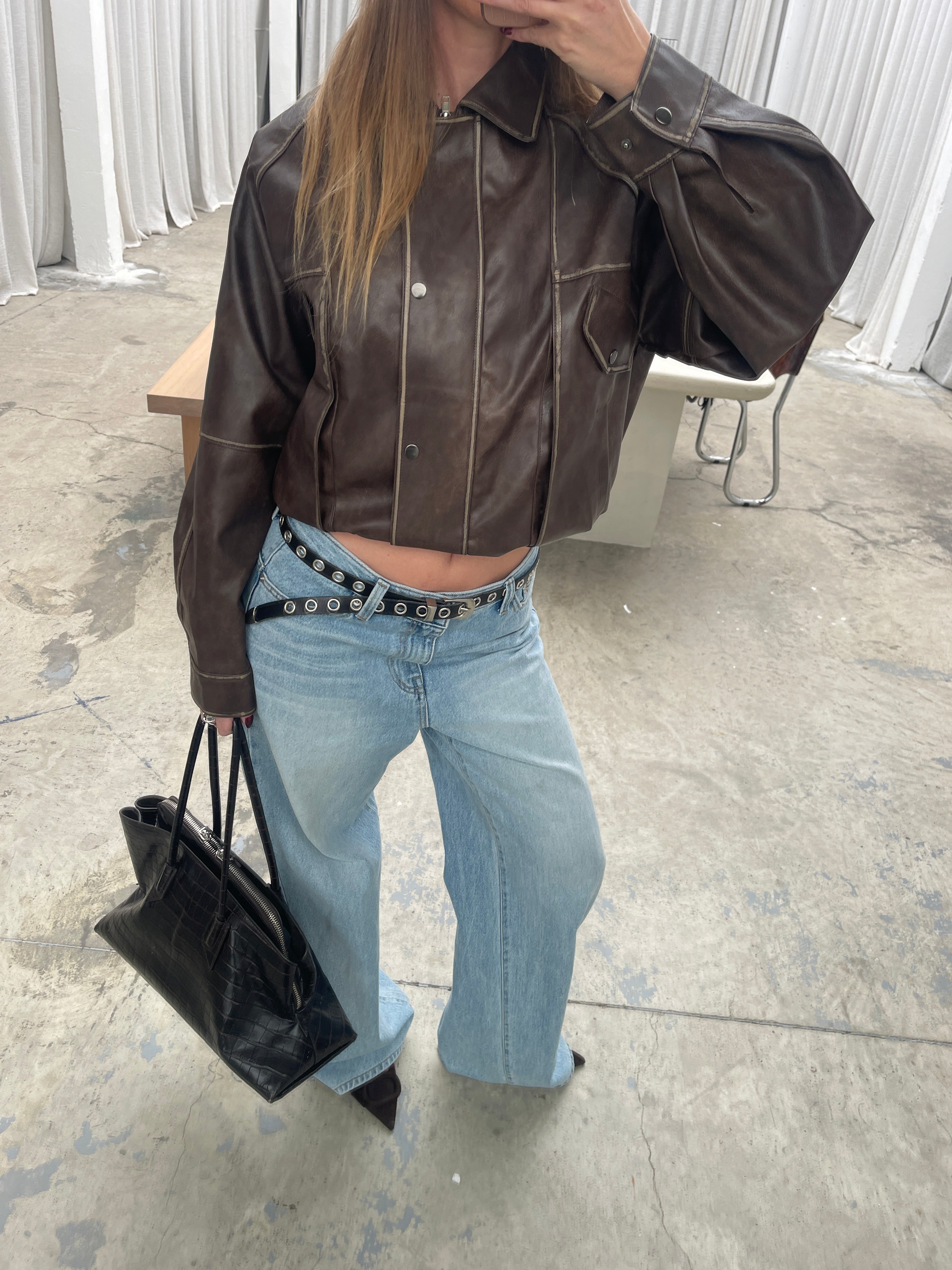 Contrast Stitch Buttoned Jacket Brown