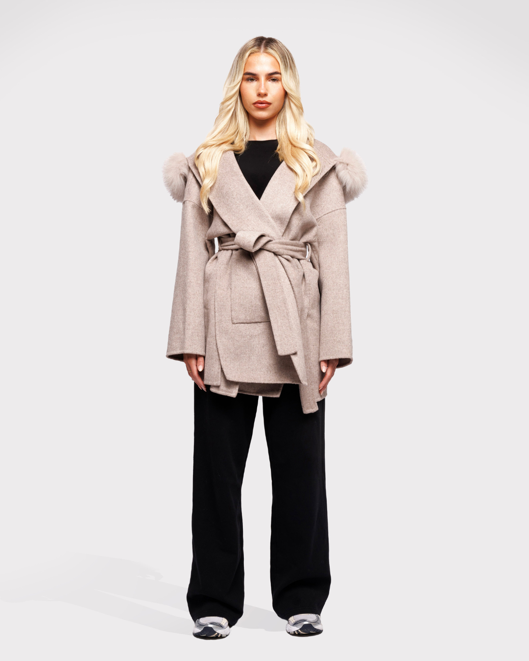 Velvet Hooded Coat - Sand