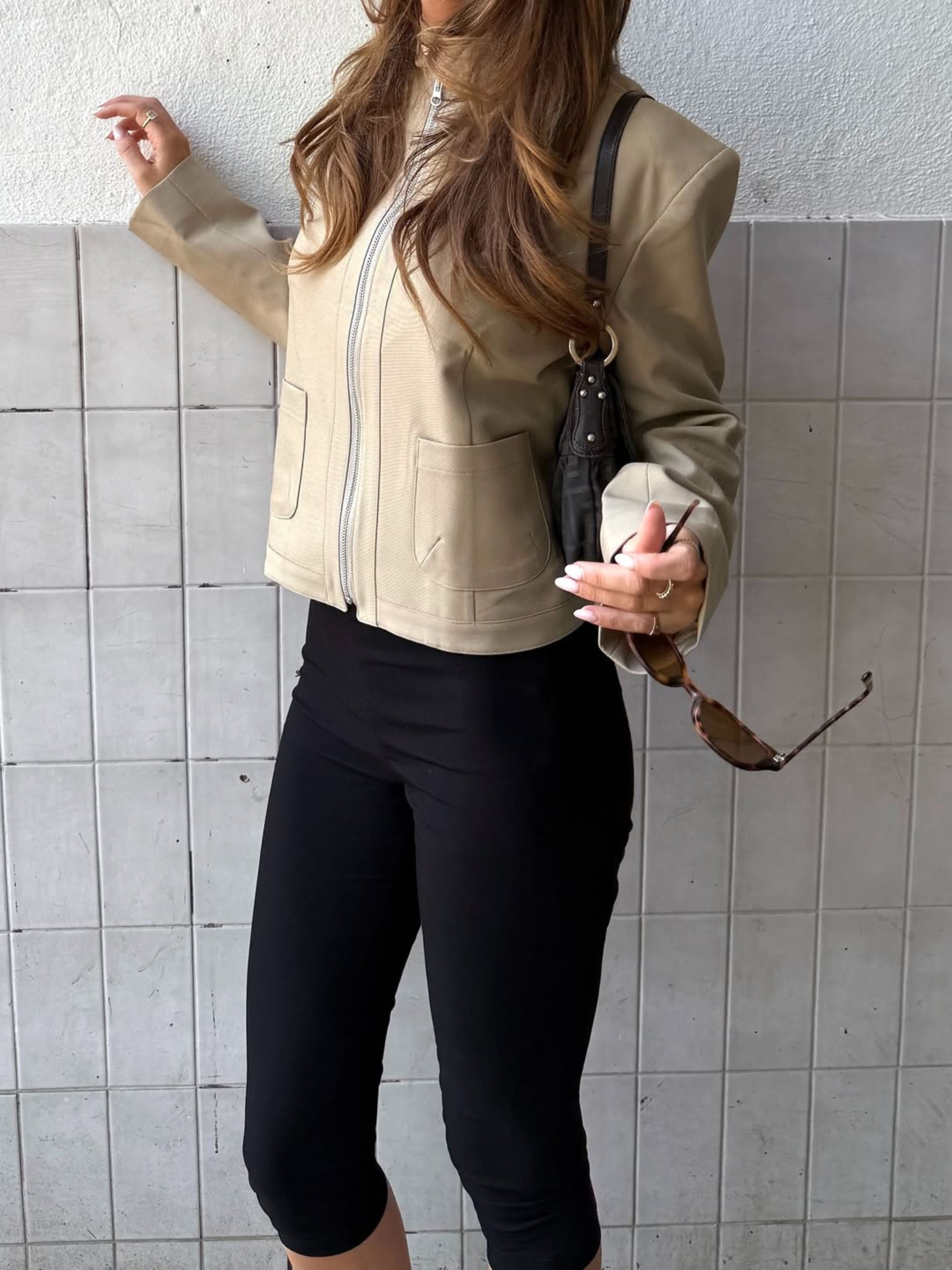 Padded High Neck Strap Detail Jacket Tan