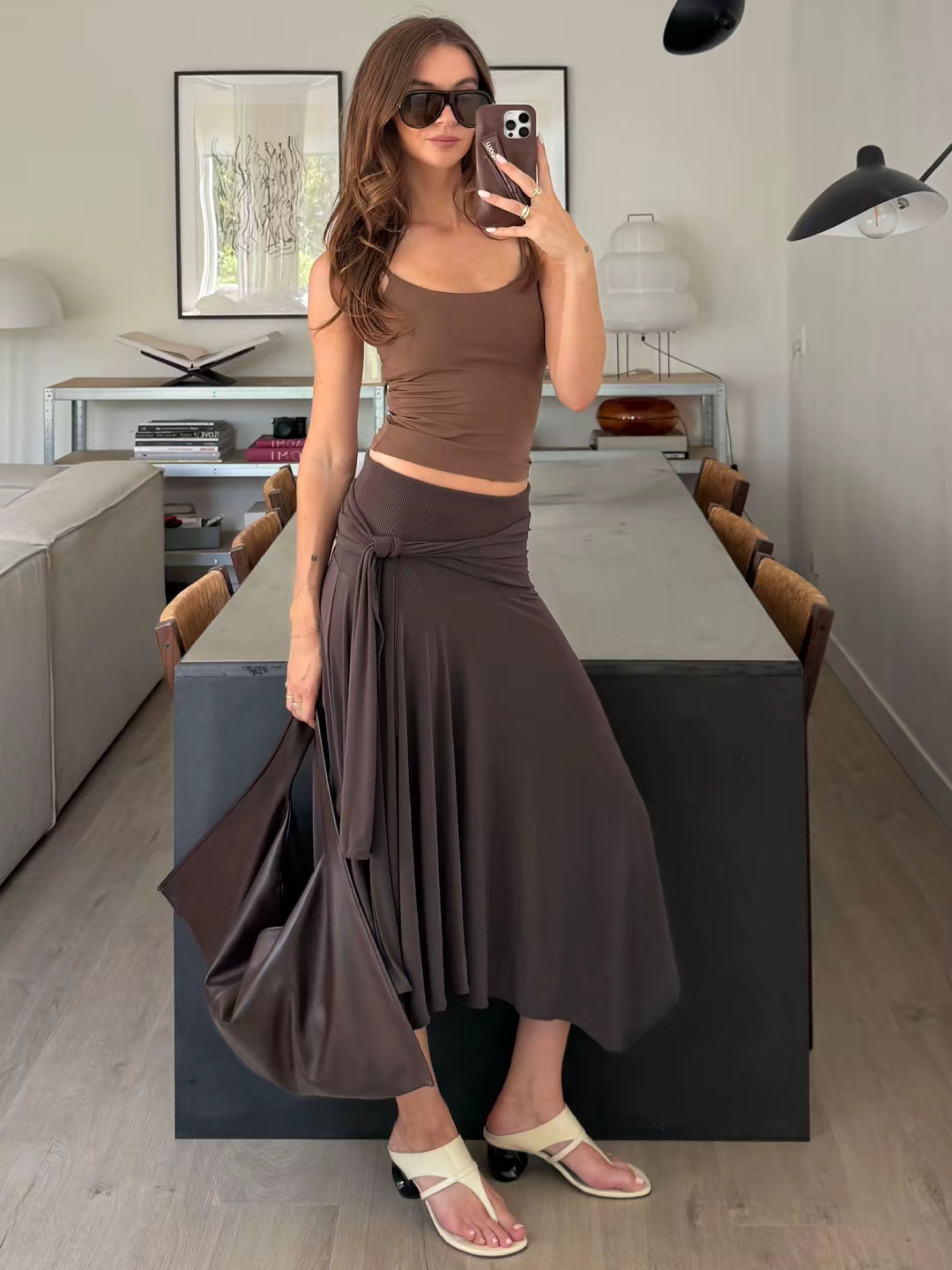 Belted Detail Flowy Midi Skirt Brown