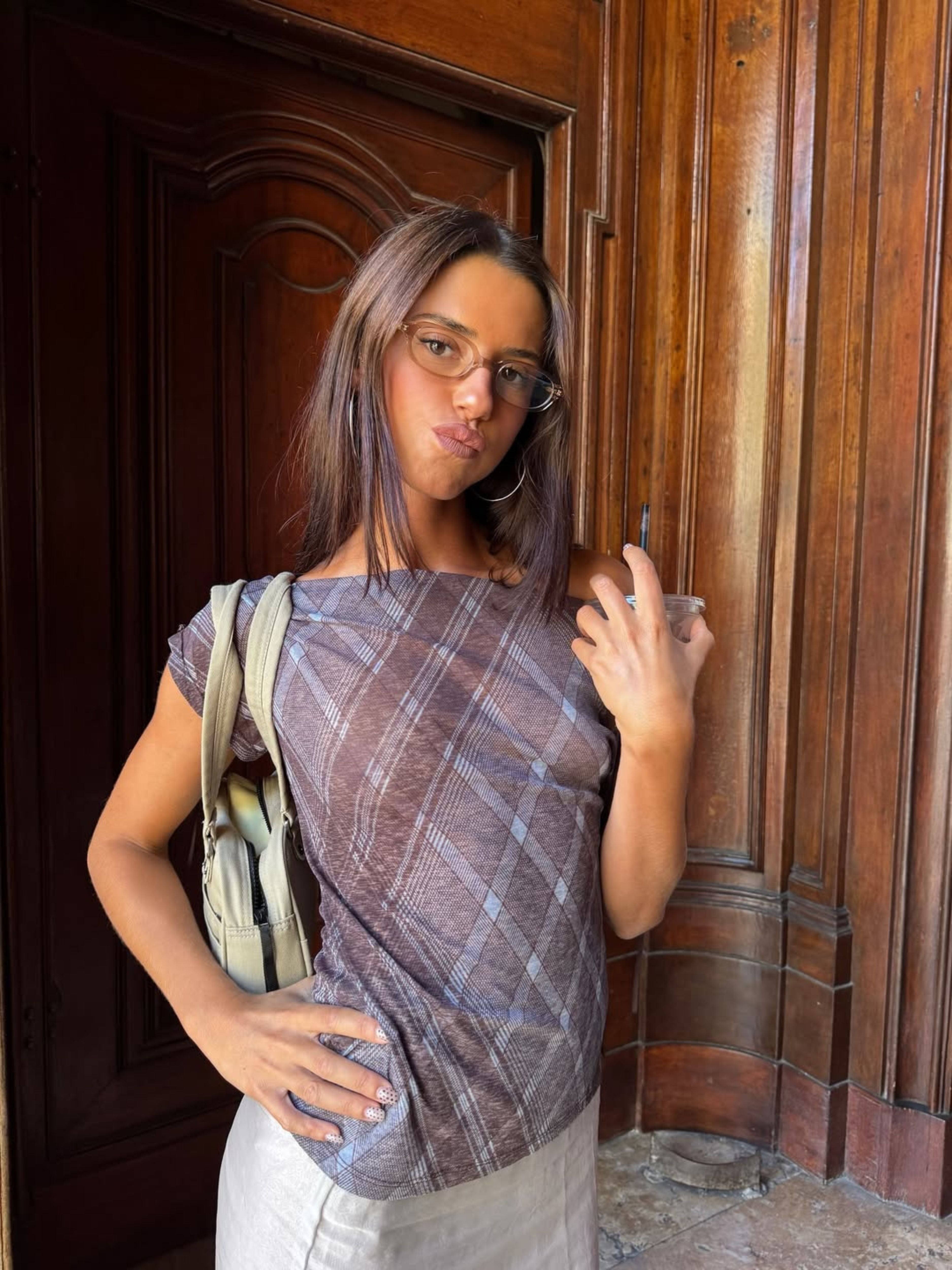 Draped Over Shoulder Checked Top Burgundy