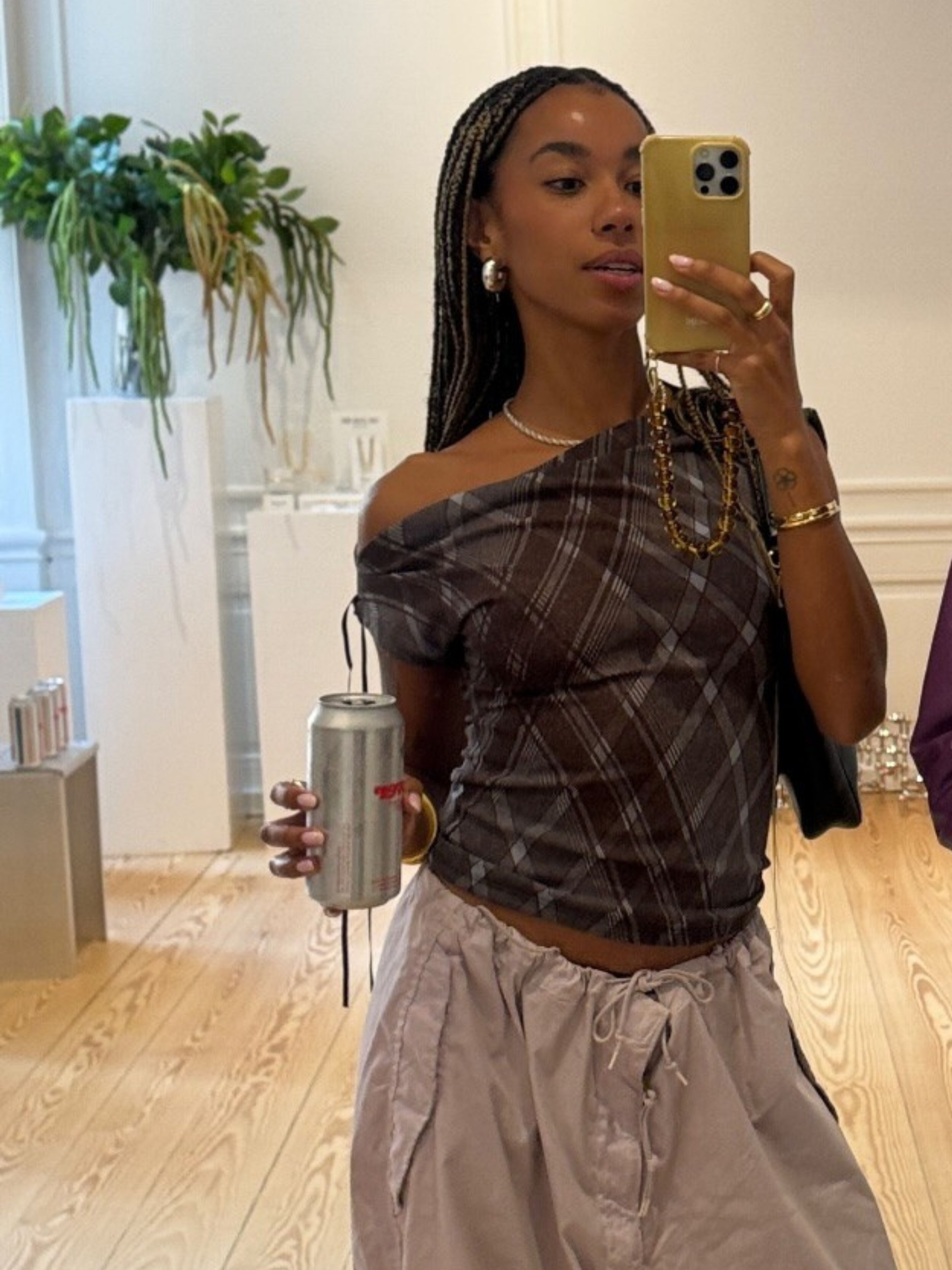 Draped Over Shoulder Checked Top Burgundy